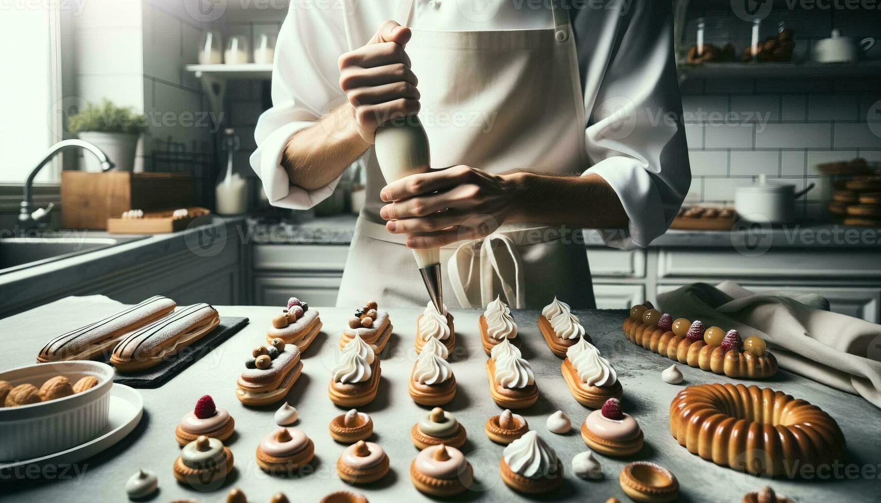 AI generated The pastry chef expertly squeezes the cream onto the eclairs in his kitchen. Generative AI photo