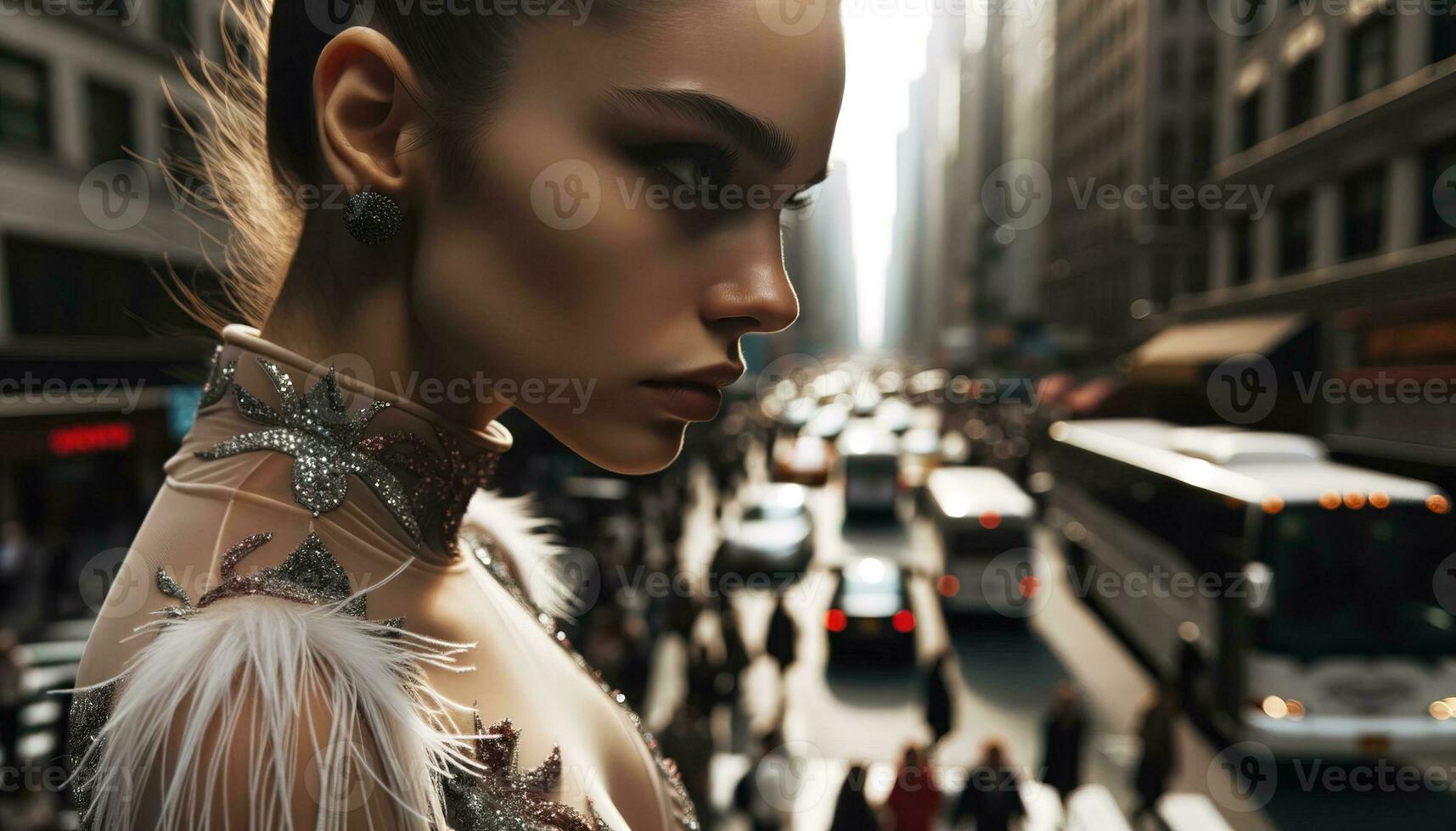 AI generated Close-up picture of a dancer posing on the busy street of the city. Generative AI photo