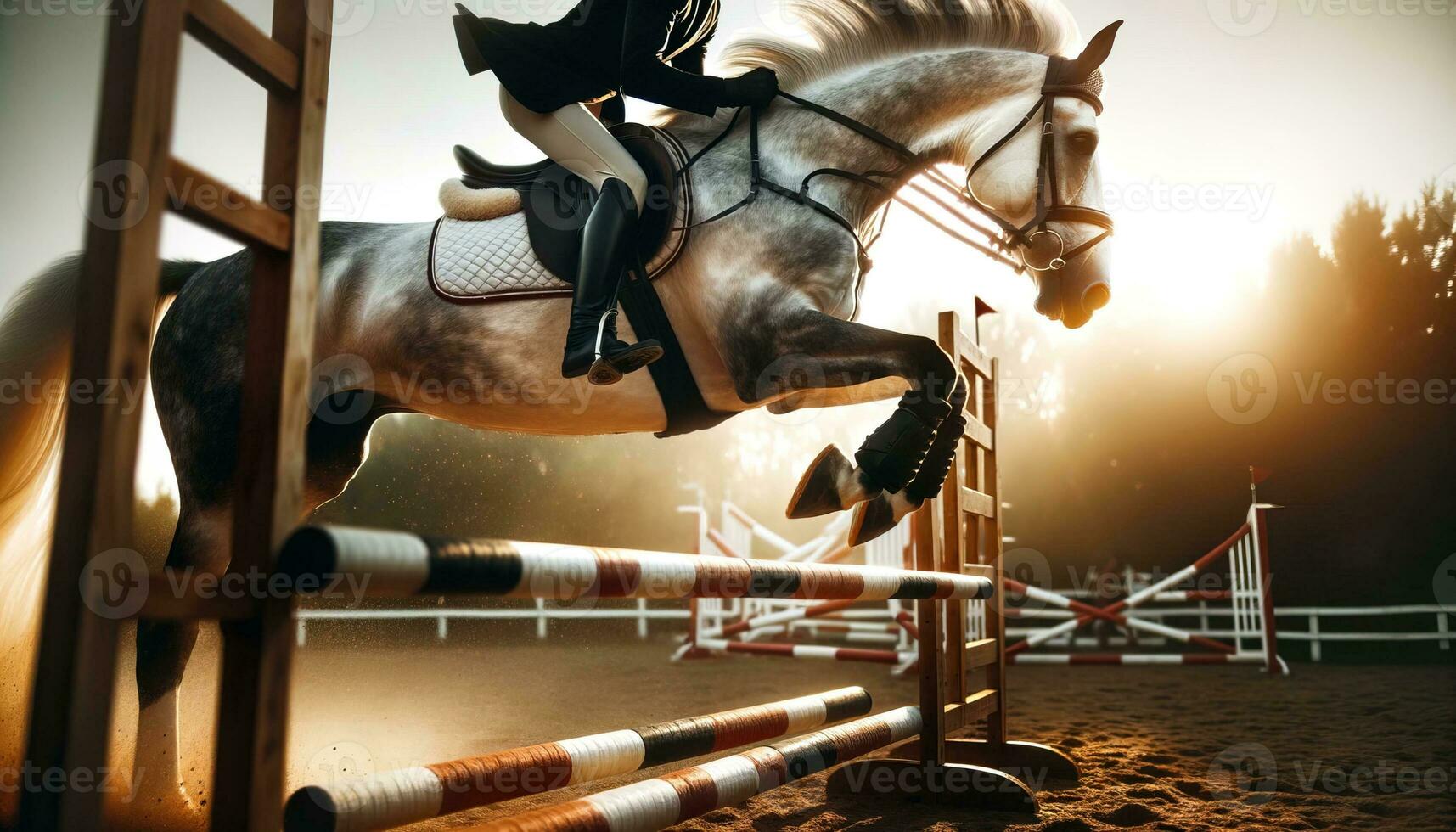 AI generated A rider maneuvering through an obstacle course on horseback, representing grace and agility. Generative AI photo