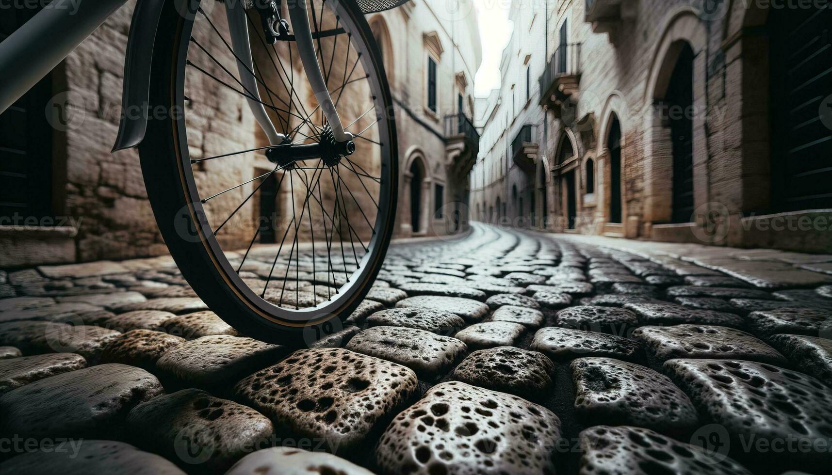 AI generated Close-up shot of a cyclist navigating the winding, narrow streets of an old European town. Generative AI photo
