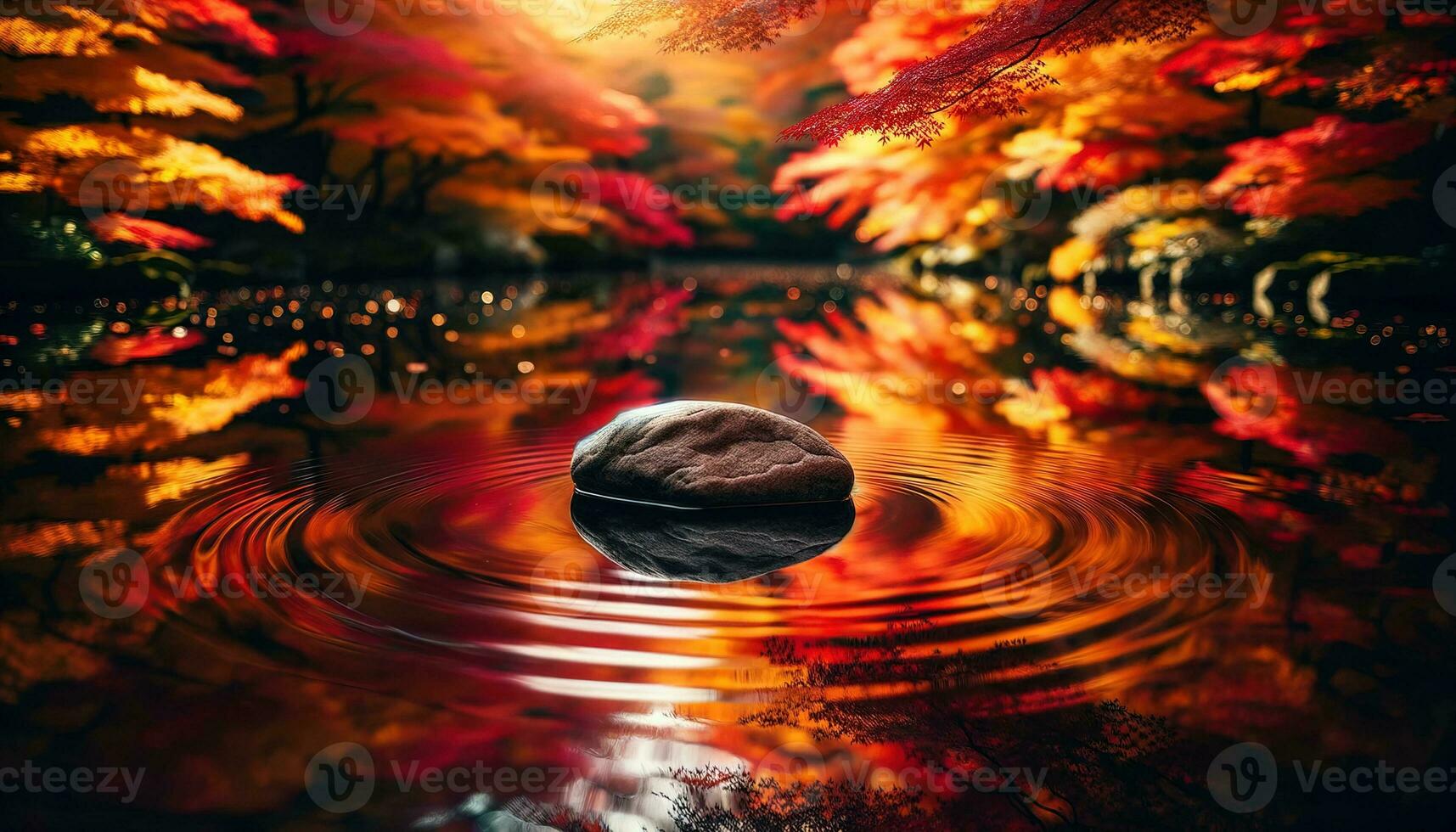 AI generated A stone in a pond in autumn and the waves forming around it. Generative AI photo