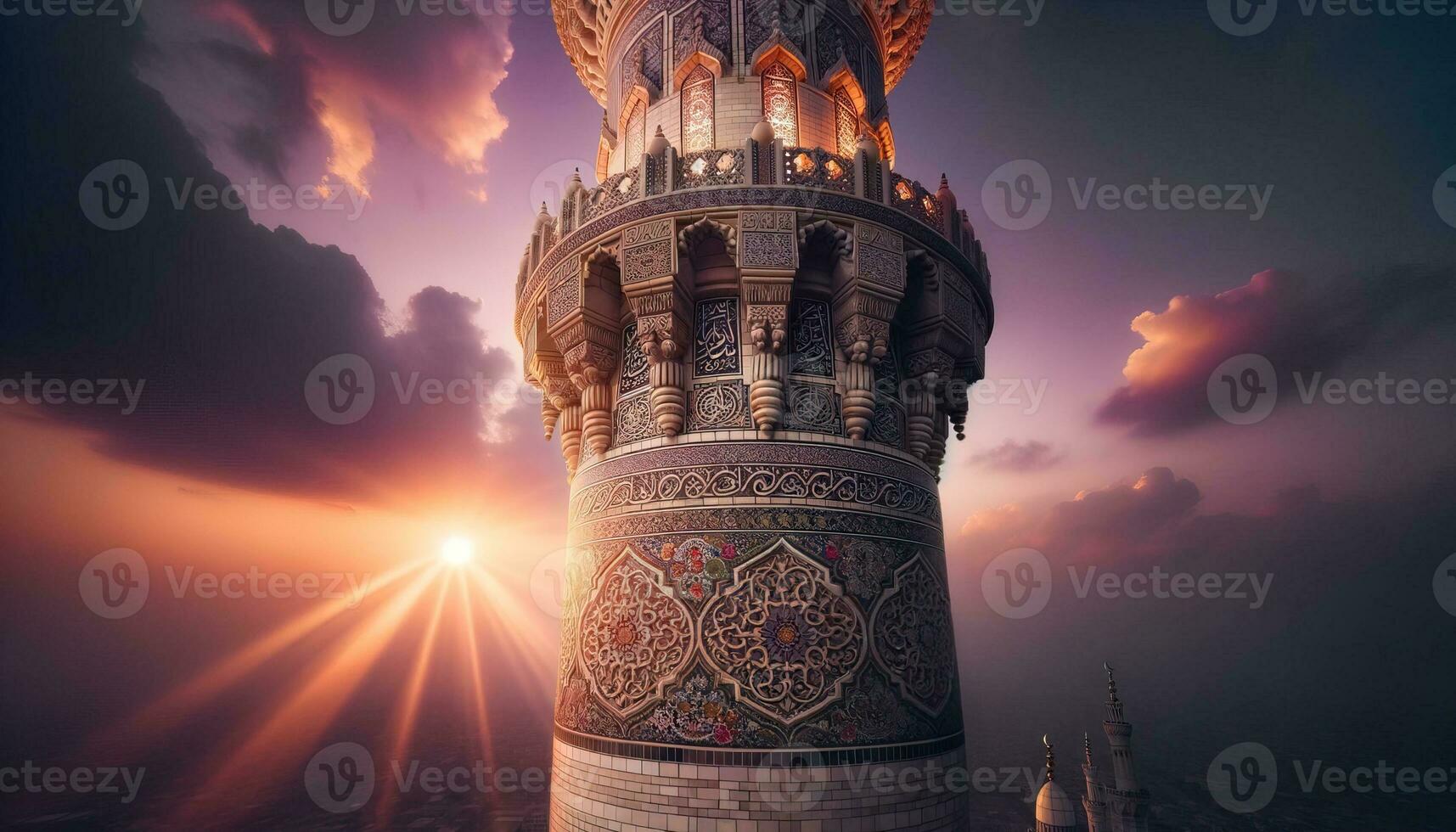 ai generado imagen demostración intrincado detalles de un mezquita alminar iluminado por el ajuste Dom. generativo ai foto