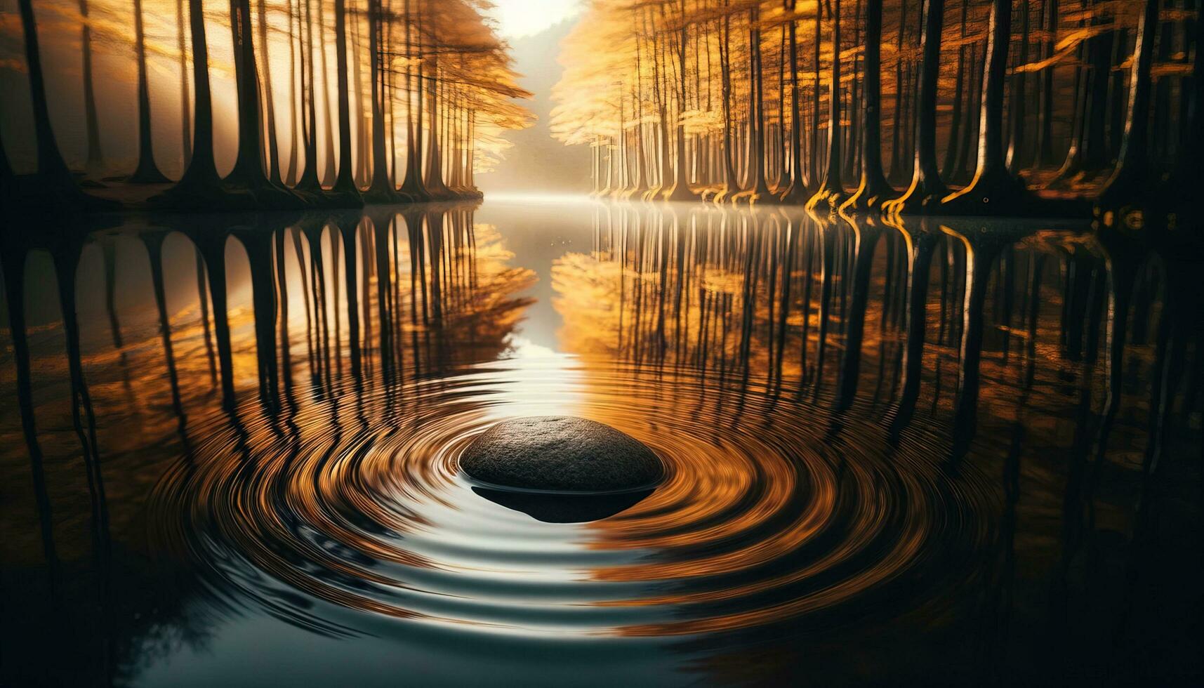 AI generated A stone in a pond in autumn and the waves forming around it. Generative AI photo