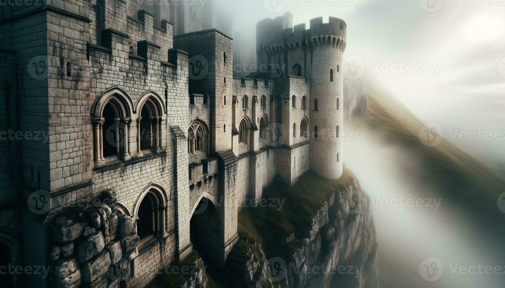 AI generated View of the ancient castle covered in fog on a hill. Generative AI photo