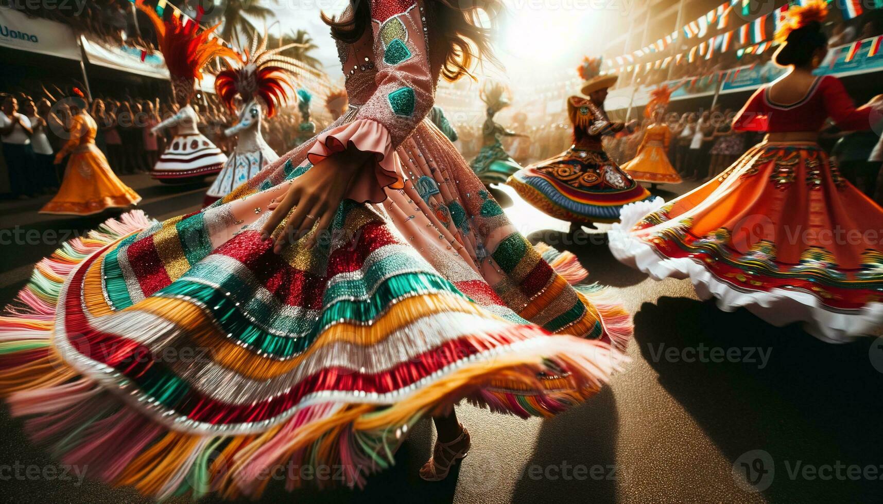 ai generado bailarines en vibrante disfraces celebrando a un local festival. generativo ai foto