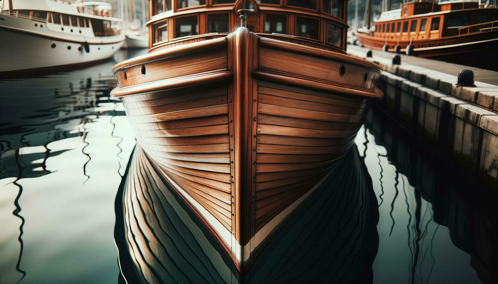 AI generated Images of wooden vintage boats docked in the harbor and glistening on the water. Generative AI photo