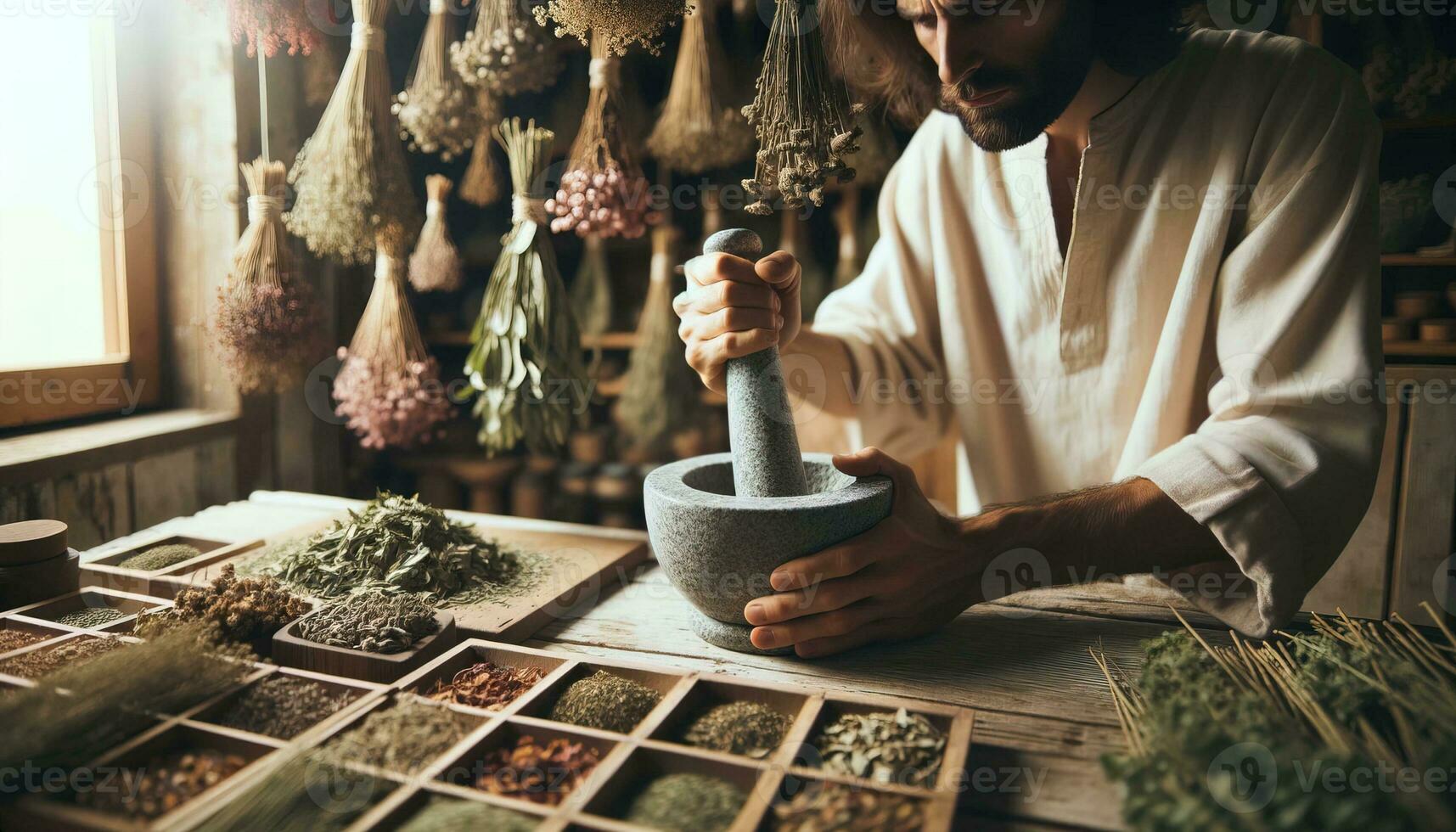 AI generated Cropped view of herbalist grinding fresh herbs with dried herbs hanging around. Generative AI photo