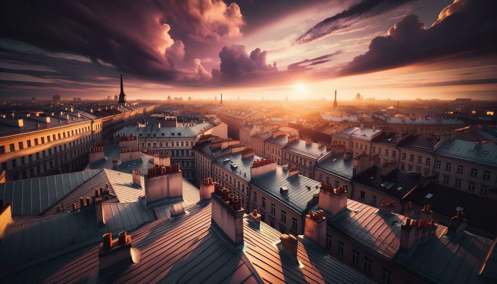 AI generated Silhouettes of roofs, chimneys and antennas of a European city at sunset against a golden sky. Generative AI photo