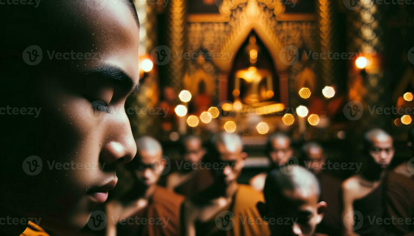 AI generated Monks meditating deeply in a temple. Generative AI photo