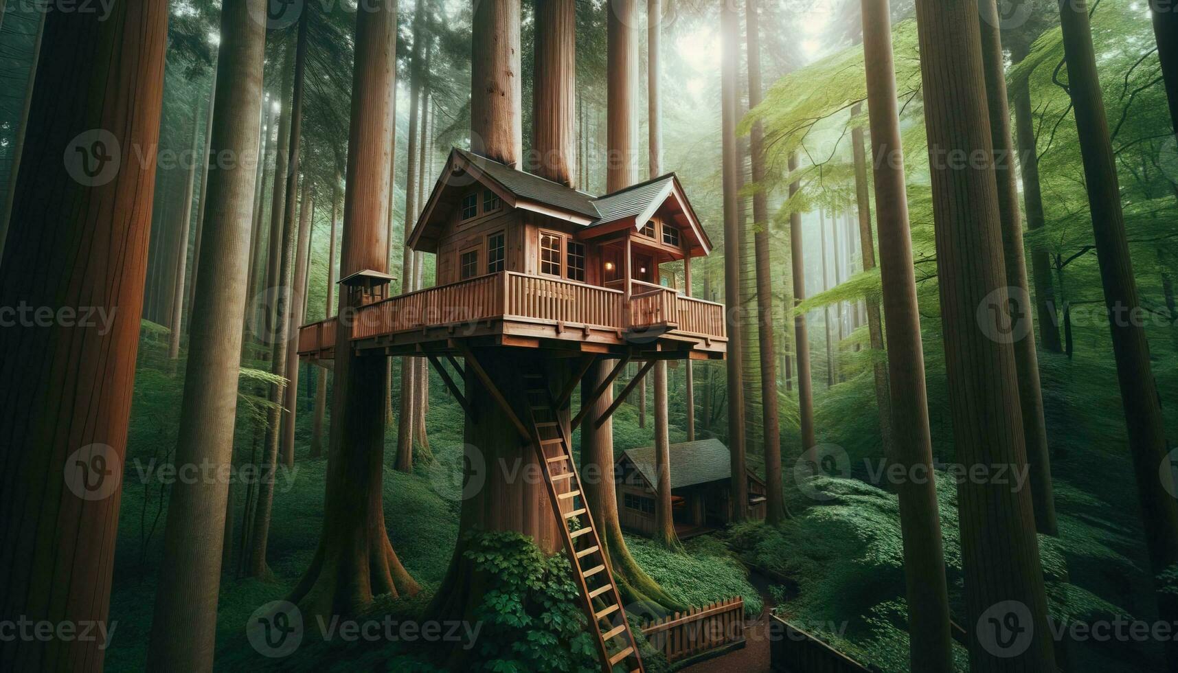 AI generated View of tree houses among tall trees. Generative AI photo