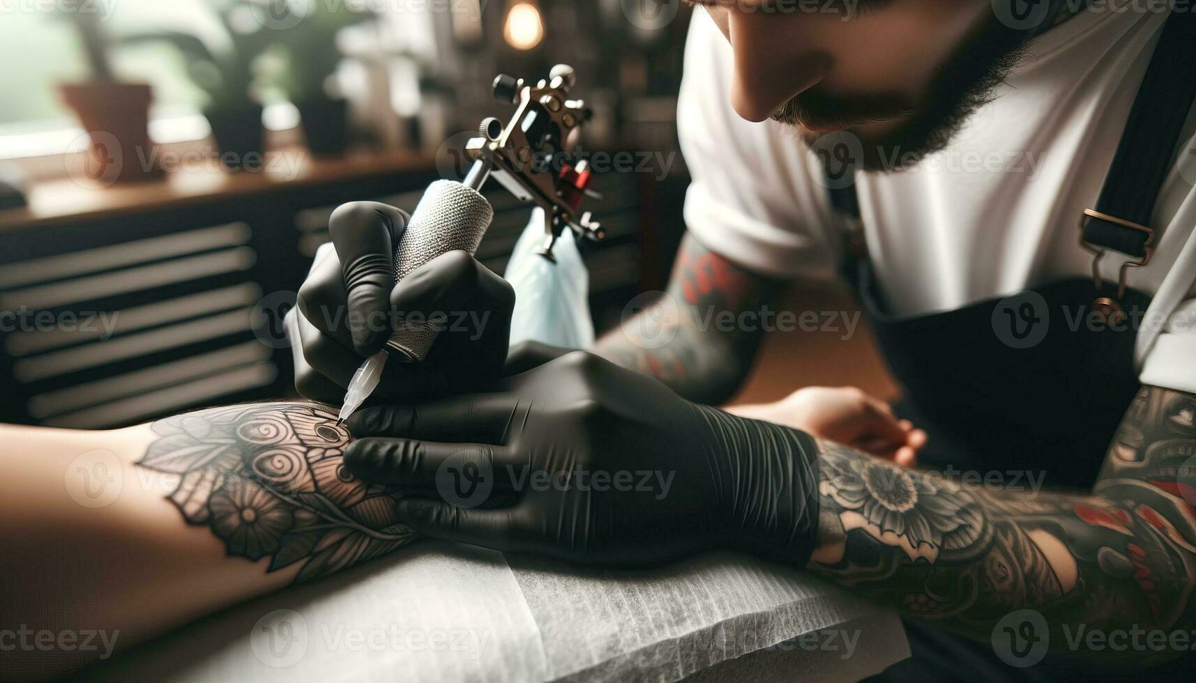 AI generated Image of a tattoo artist at work. Generative AI photo