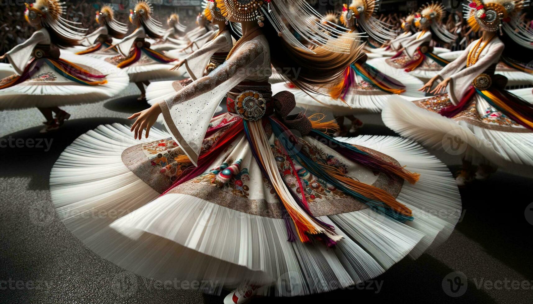 AI generated Dancers in vibrant costumes celebrating at a local festival. Generative AI photo