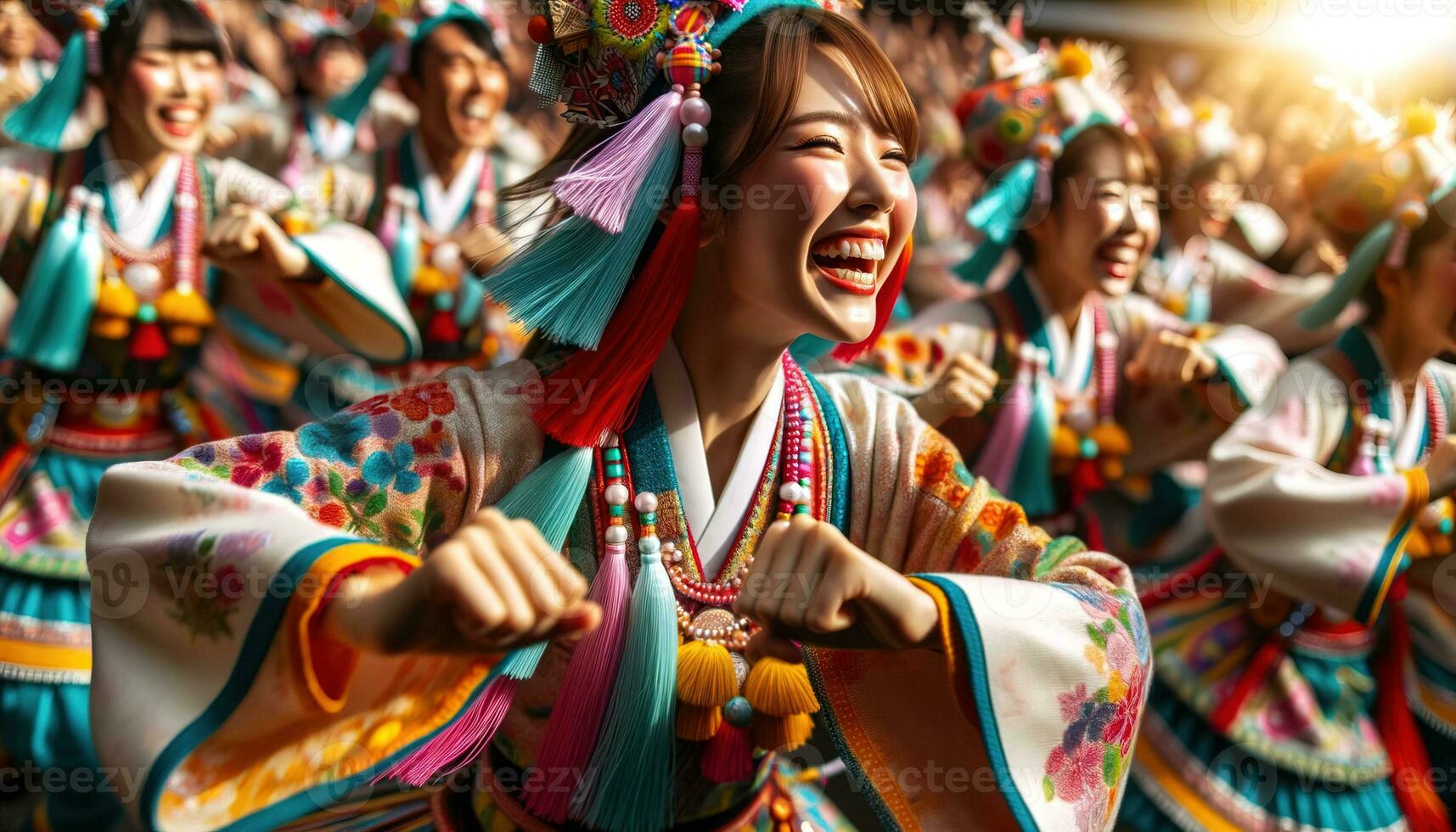 AI generated Dancers in vibrant costumes celebrating at a local festival. Generative AI photo