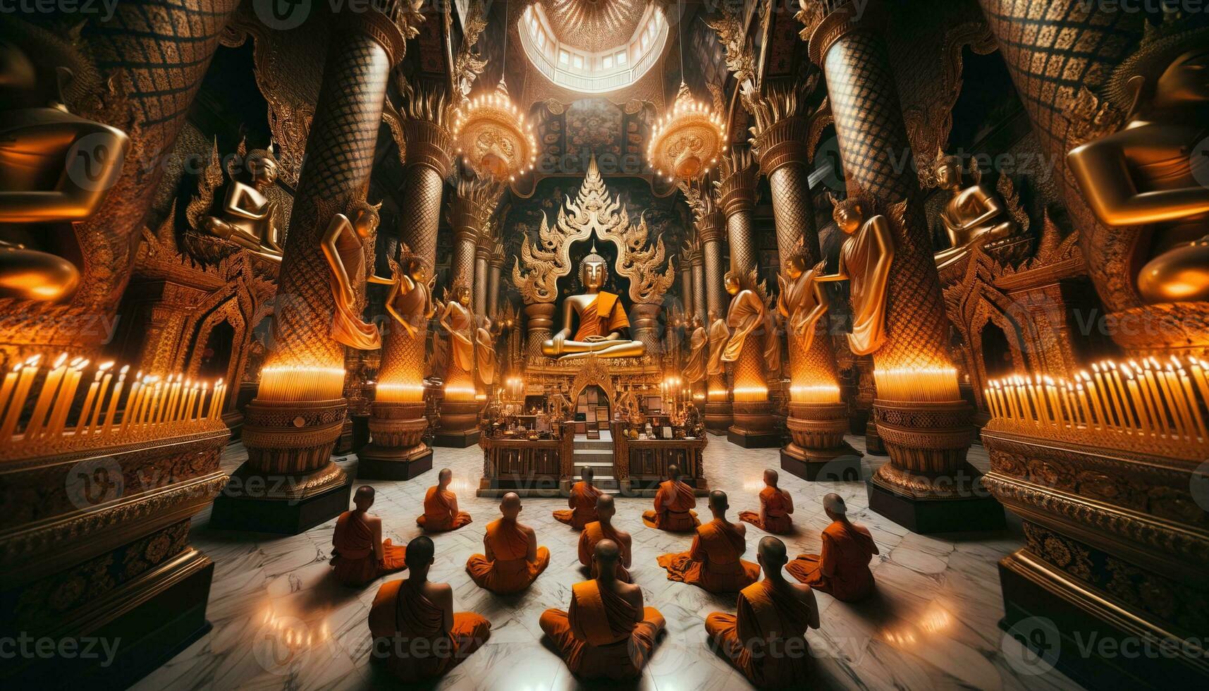AI generated Monks meditating deeply in a temple. Generative AI photo