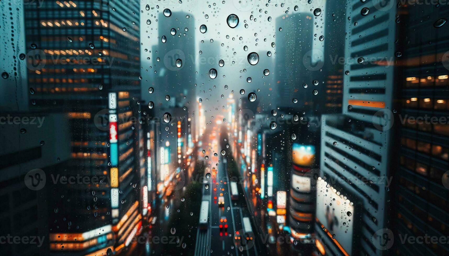 AI generated Raindrops on a window pane with a bustling city in the background. Generative AI photo