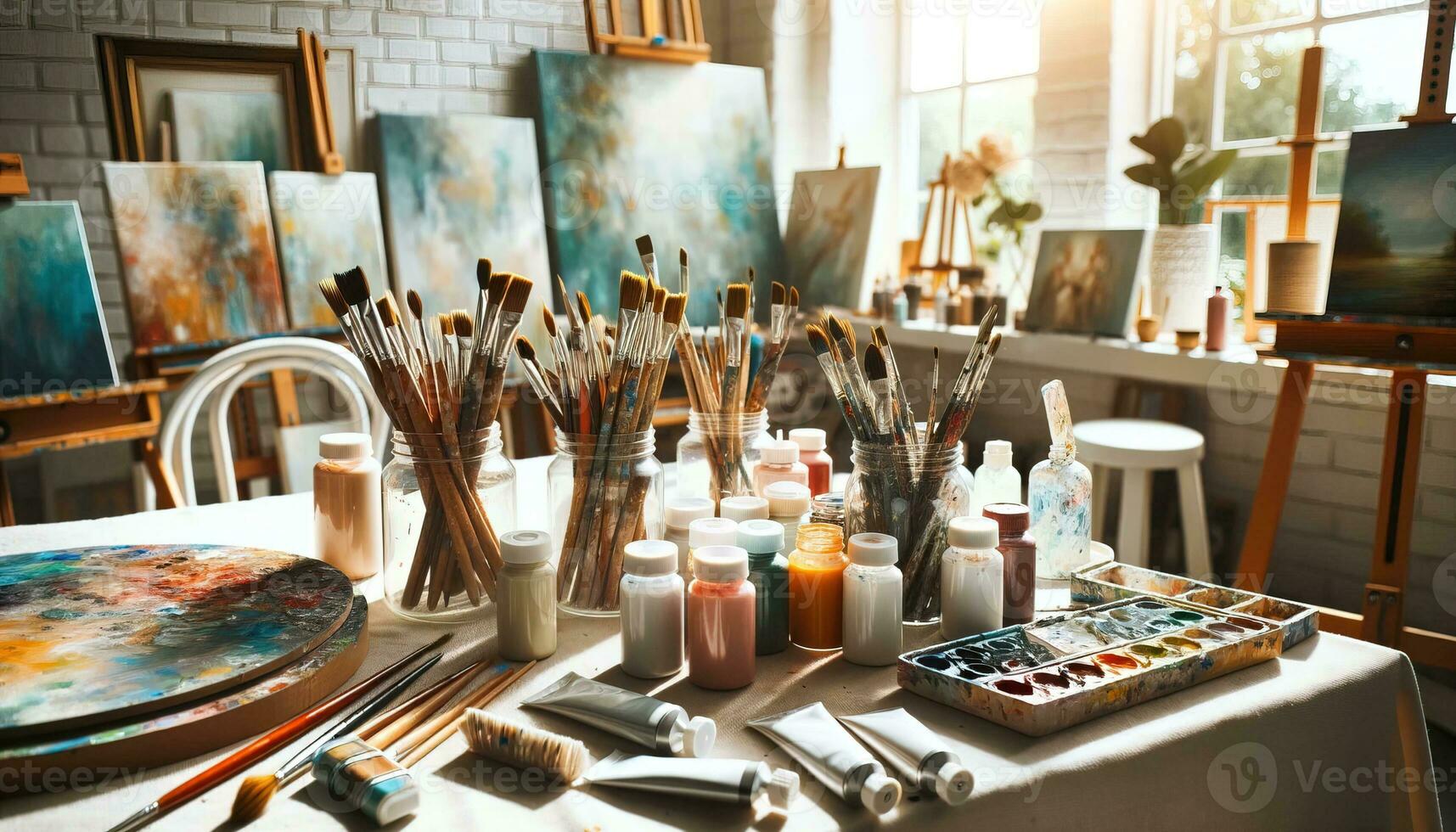 AI generated This is a view of an artist's studio, illuminated by natural light, displaying paints, brushes, and unfinished works of art. Generative AI photo