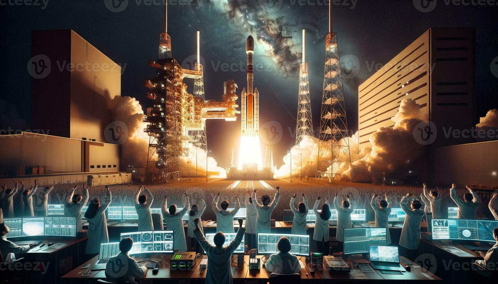 AI generated Scientists watch with excitement the moment of launching a satellite. Generative AI photo