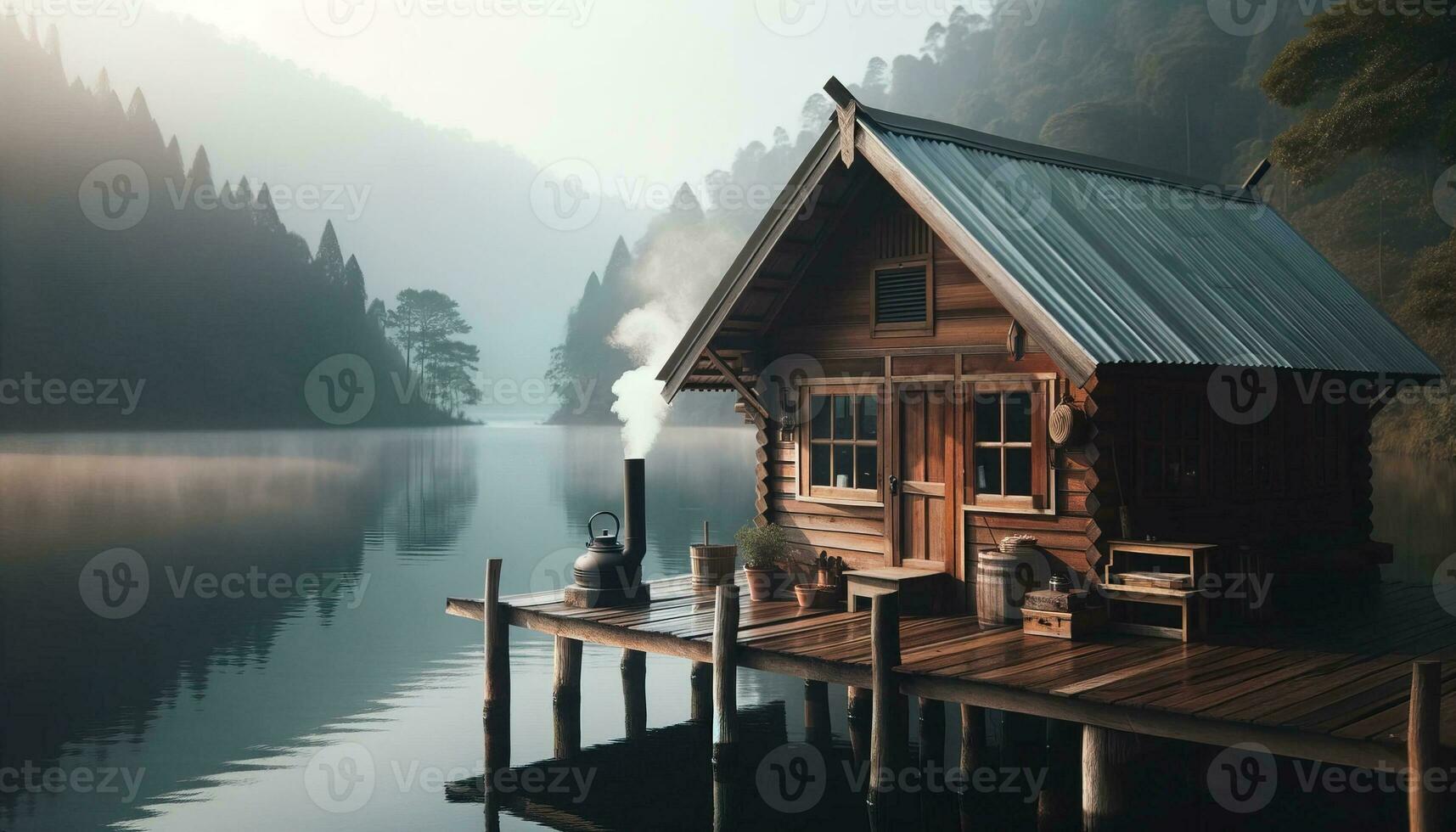 AI generated A wooden hut on the edge of a quiet lake and smoke coming from the stove on its terrace. Generative AI photo