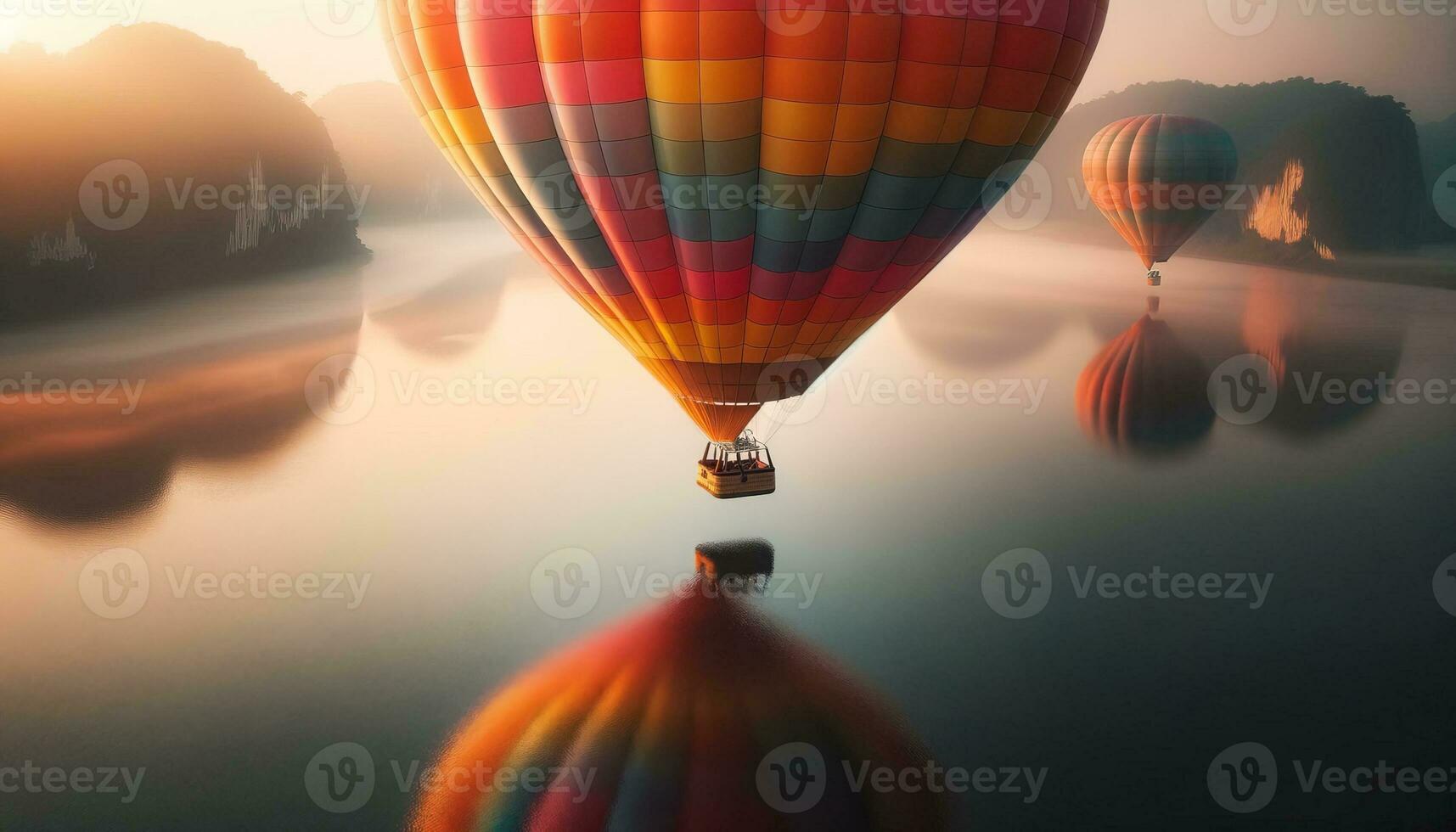 AI generated A hot air balloon floating in the sky among natural beauties. Generative AI photo