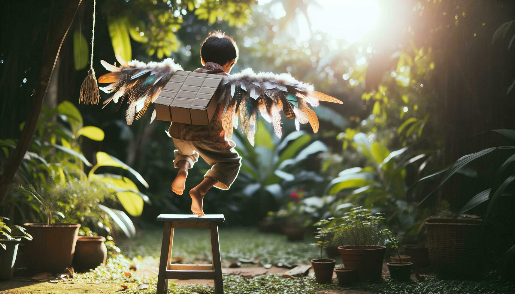 ai generado imaginativo y aventurero niño en un soleado jardín, vistiendo improvisado alas hecho de cartulina y plumas. generativo ai foto