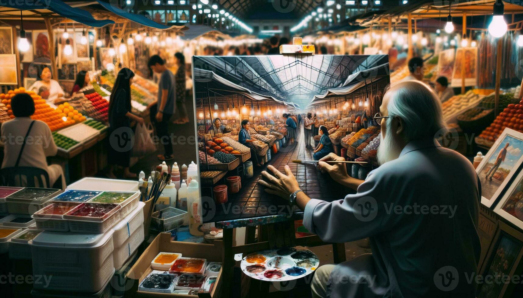 ai generado imágenes de plein aire artistas capturar un bullicioso mercado escena en lona con vibrante color paletas generativo ai foto