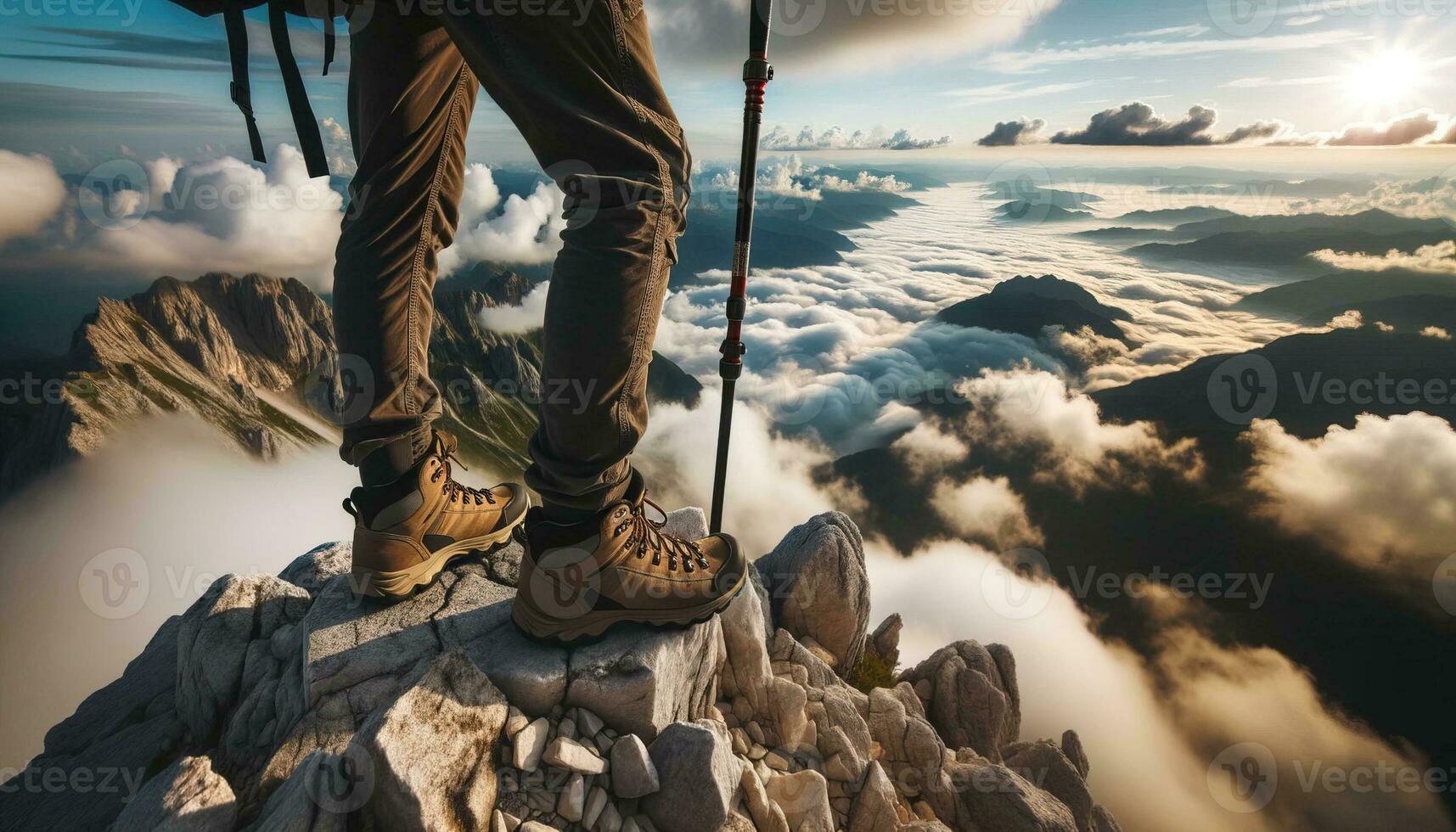 AI generated A hiker on top of the mountain with a vast sea of clouds underneath. Generative AI photo