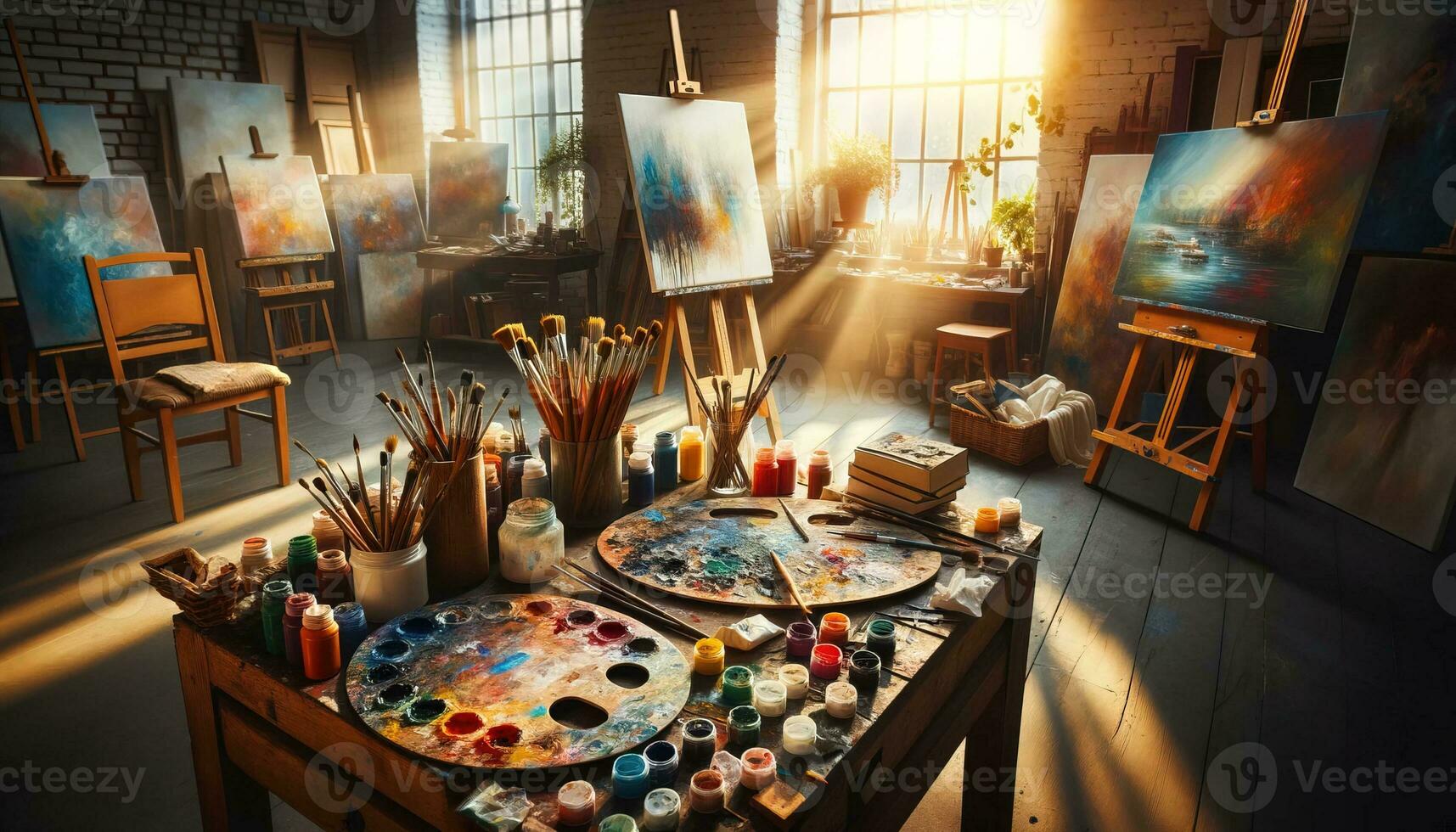 AI generated This is a view of an artist's studio, illuminated by natural light, displaying paints, brushes, and unfinished works of art. Generative AI photo
