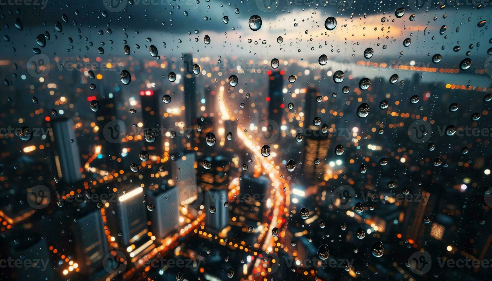 ai generado gotas de lluvia en un ventana cristal con un bullicioso ciudad en el antecedentes. generativo ai foto