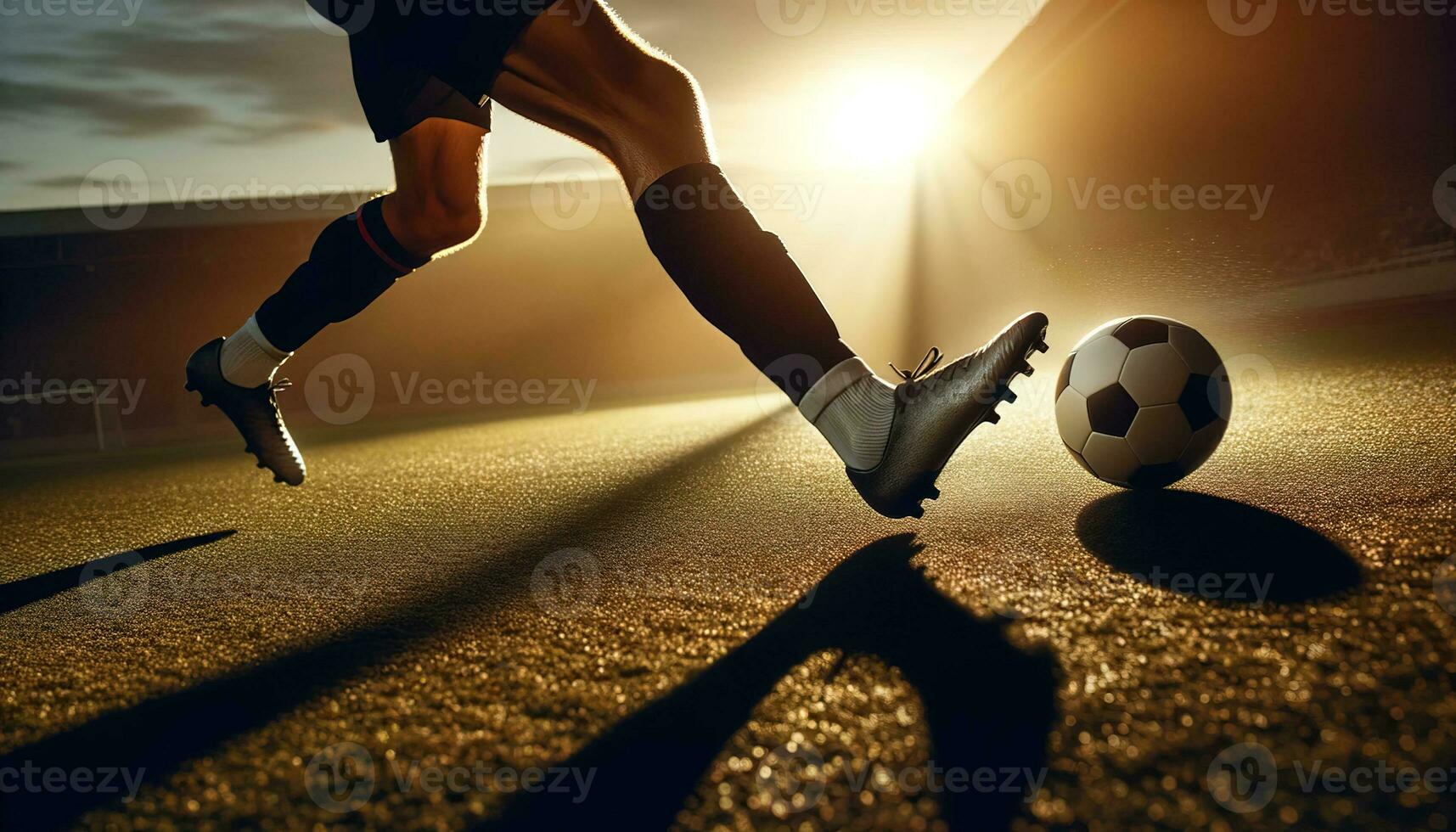 AI generated Close-up football players competing on the field at sunset. Generative AI photo