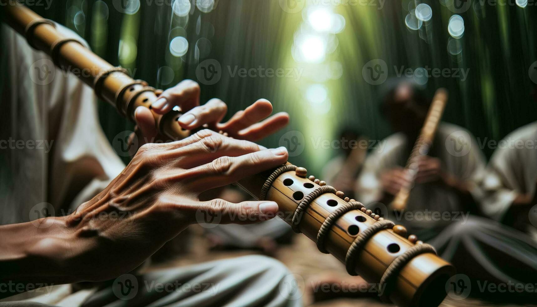 AI generated Close-up of the hands of a musician skillfully playing a bamboo flute. Generative AI photo