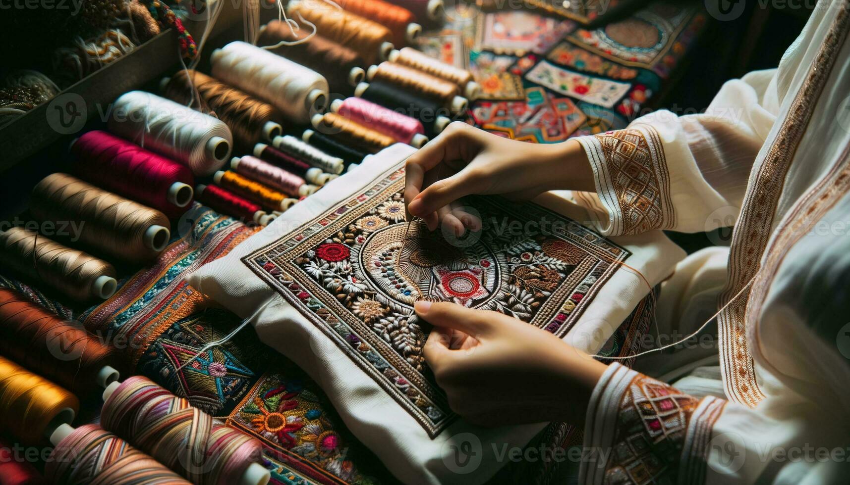 AI generated Artisans working on intricate embroidery in a traditional workshop setting. Generative AI photo