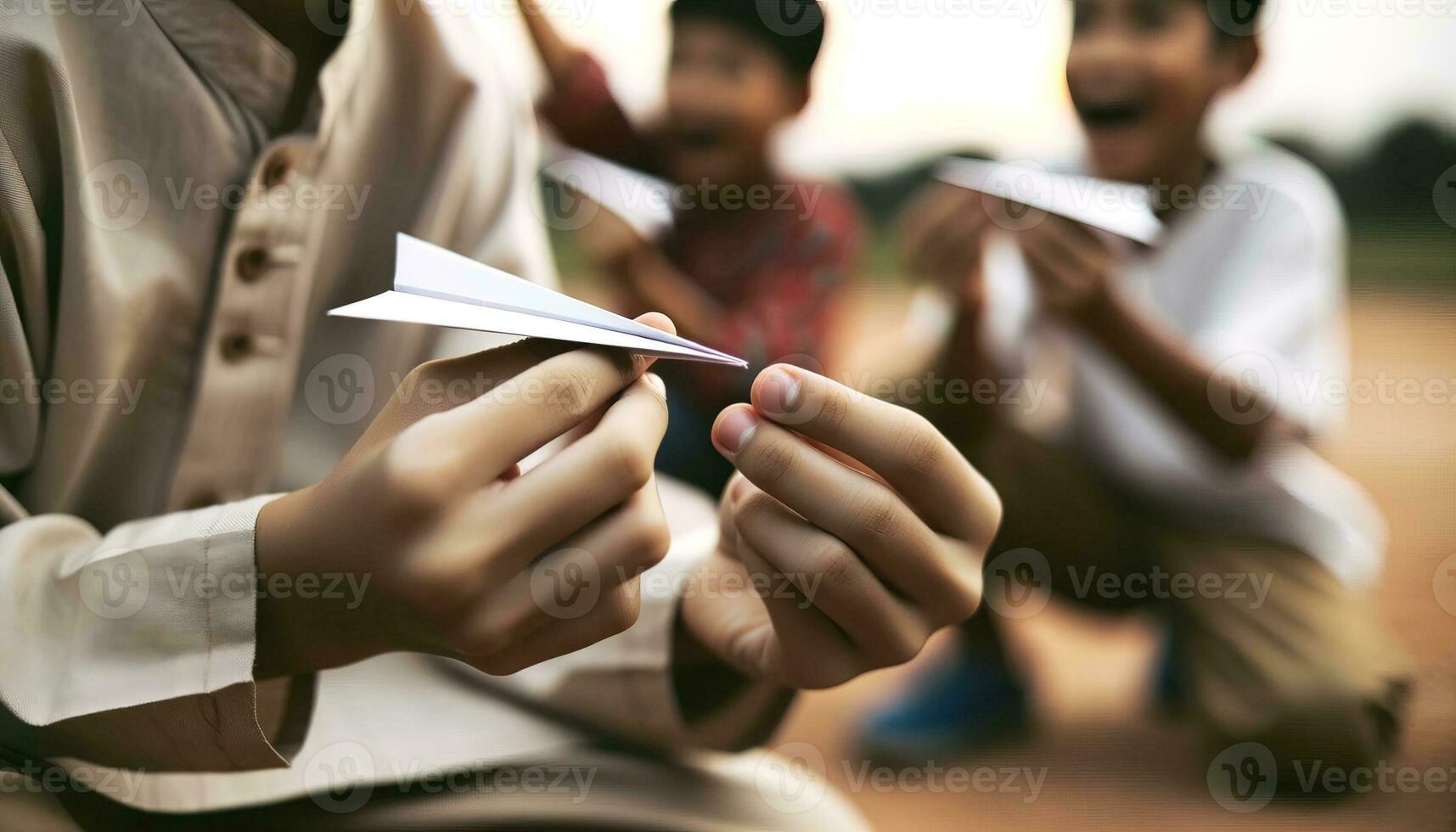 AI generated Close-up hands of a child meticulously folding a piece of paper to make his airplane. Generative AI photo