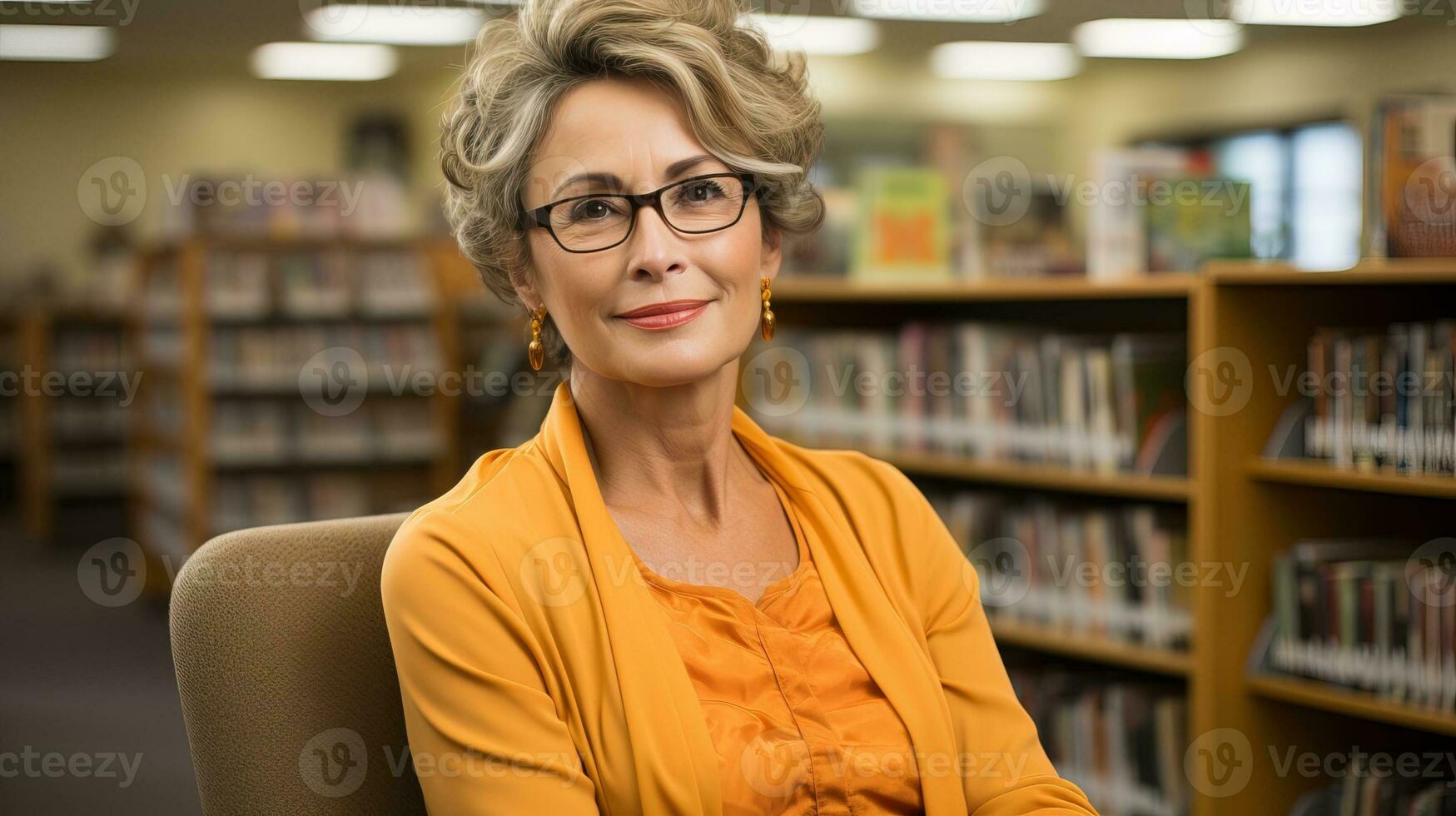 ai generado el antiguo mujer soportes con confianza en el biblioteca. generativo ai foto