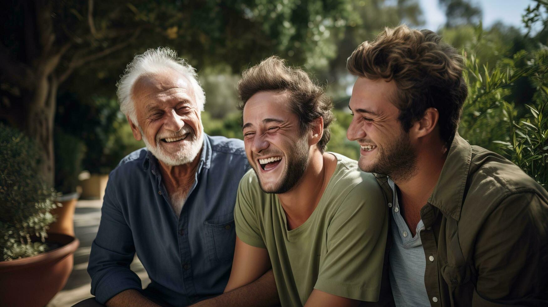 AI generated Cheerful portrait of three generations of Caucasian men, all smiling. Generative AI photo