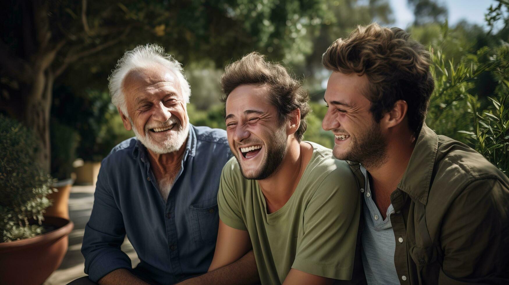 ai generado alegre retrato de Tres generaciones de caucásico hombres, todas sonriente. generativo ai foto