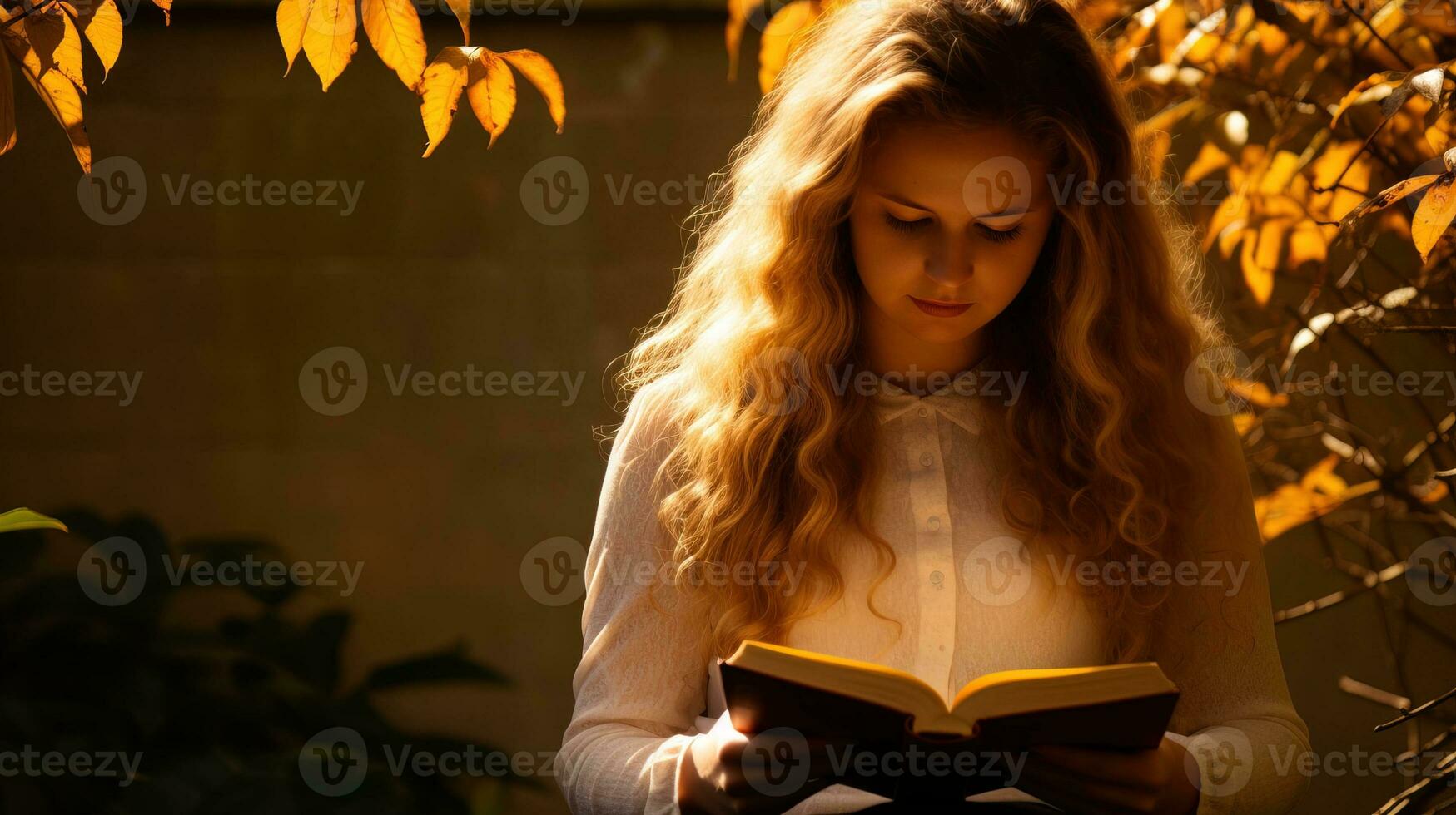 AI generated Woman sitting under a canopy of autumn leaves in the park, engrossed in a book. Generative AI photo