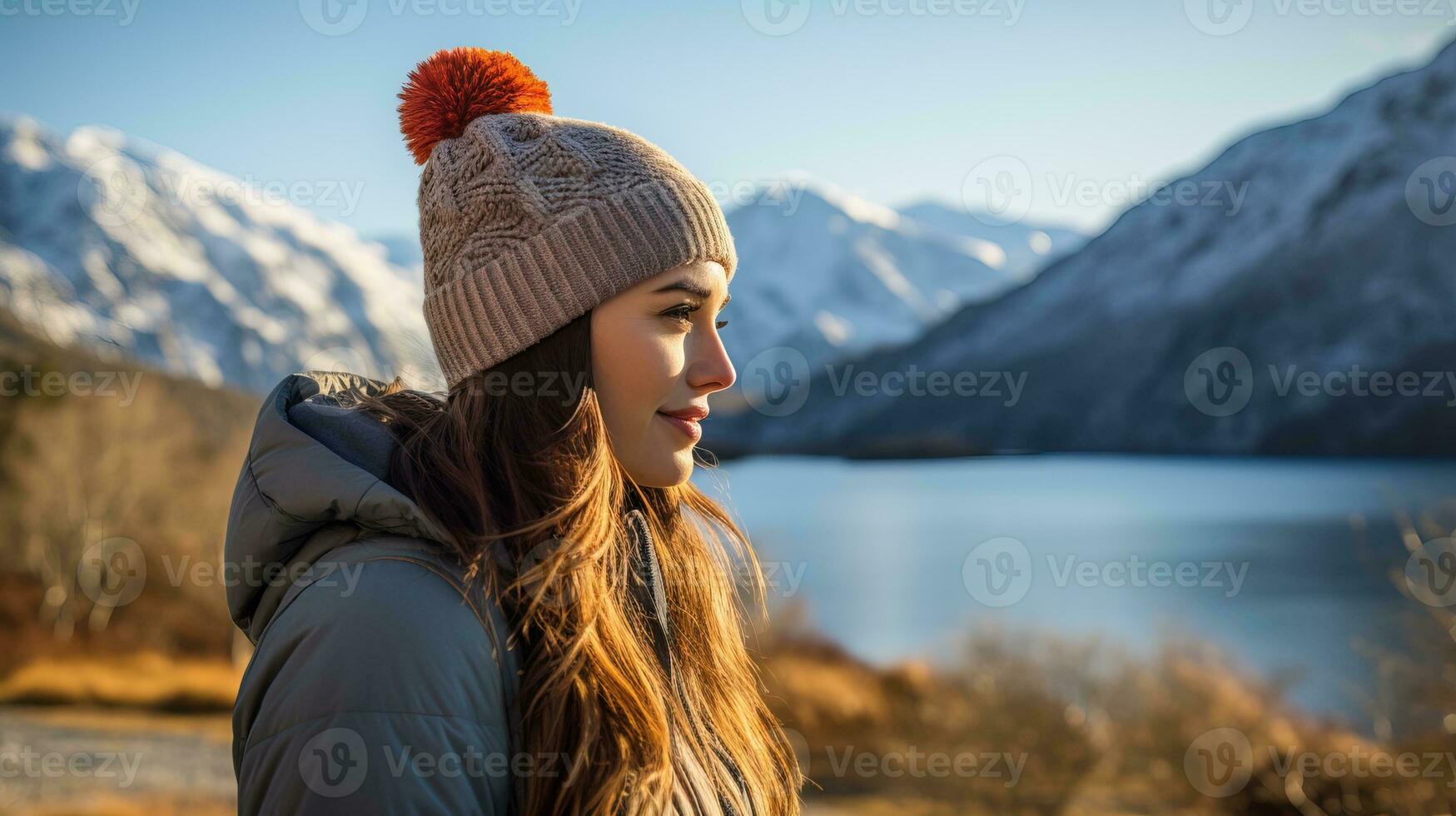 AI generated Female hiker in winter hat enjoying calm lake view. Generative AI photo