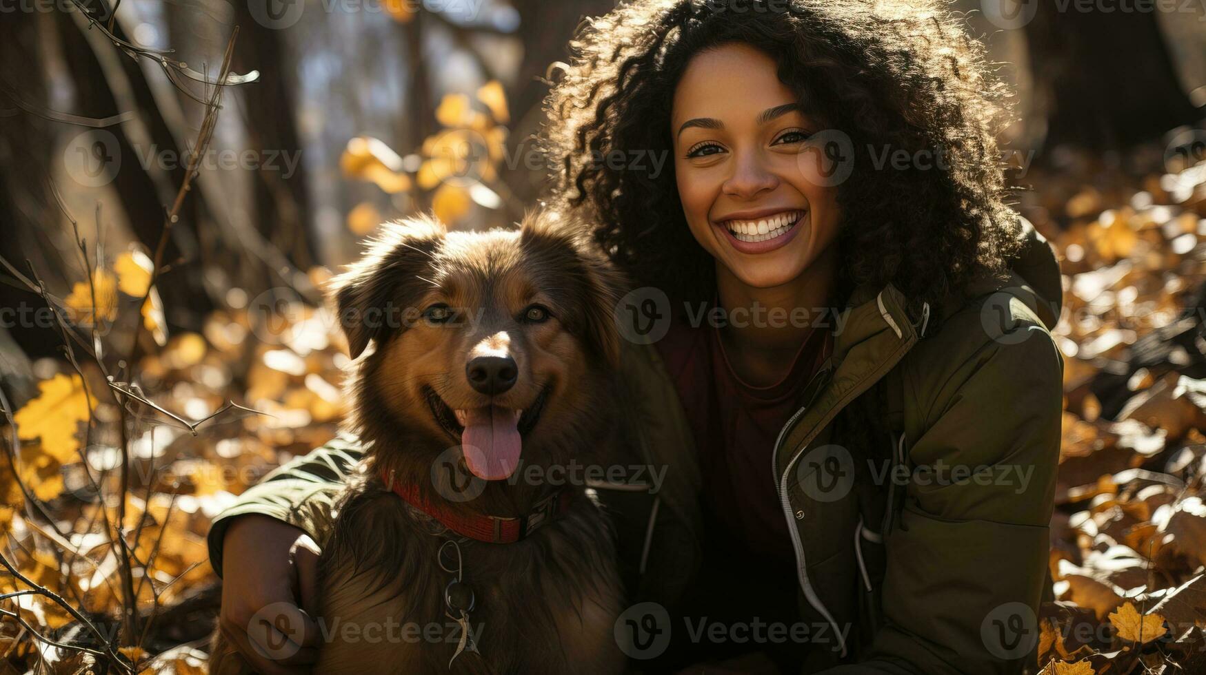 AI generated Cheerful young woman is playing with her Labrador dog in a lush green field. Generative AI photo