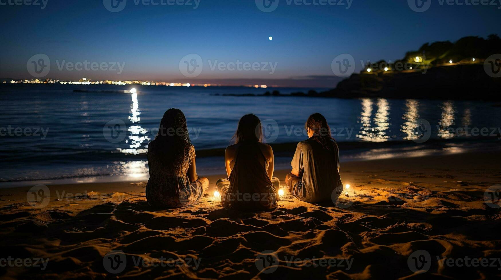 AI generated Womans doing a quiet meditation by the beach. Generative AI photo