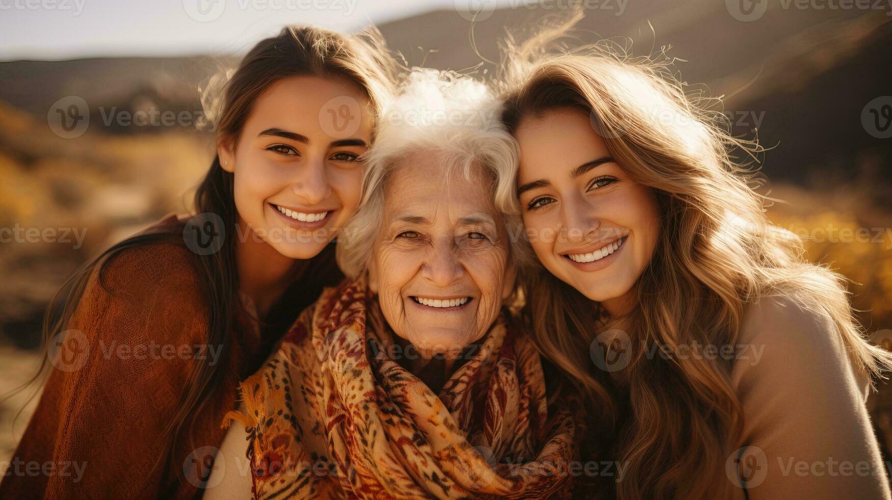 AI generated Three generations facing the camera, embracing warmly. Generative AI photo
