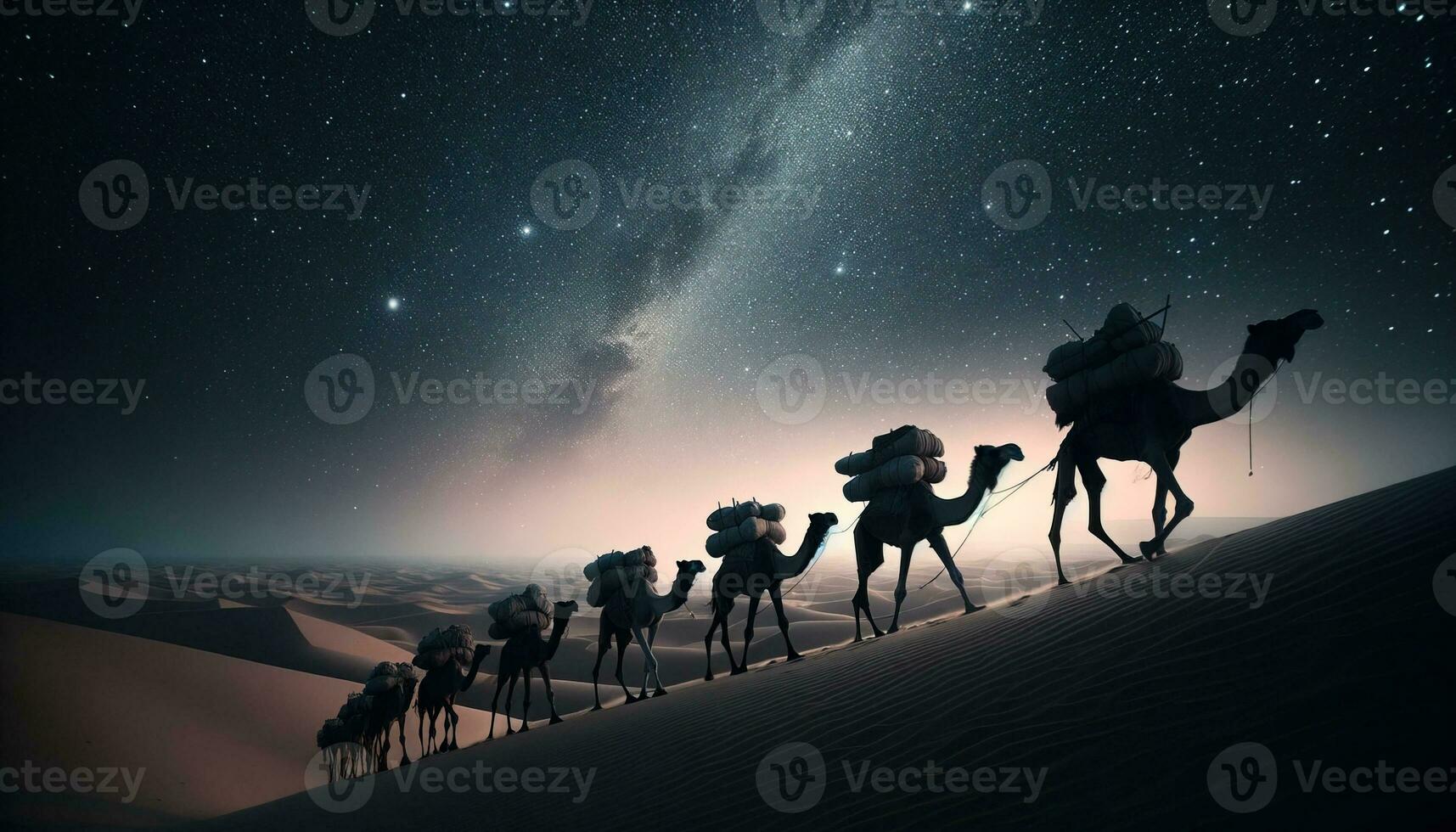 AI generated A camel caravan silhouetted against a starry desert sky. Generative AI photo