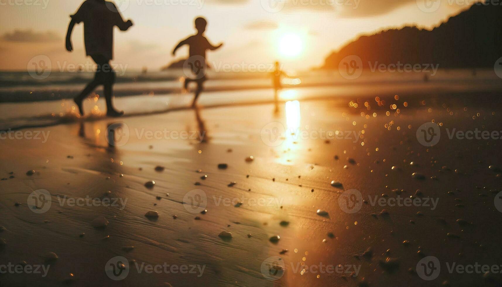 AI generated Children playing joyfully on the beach at sunset. Generative AI photo