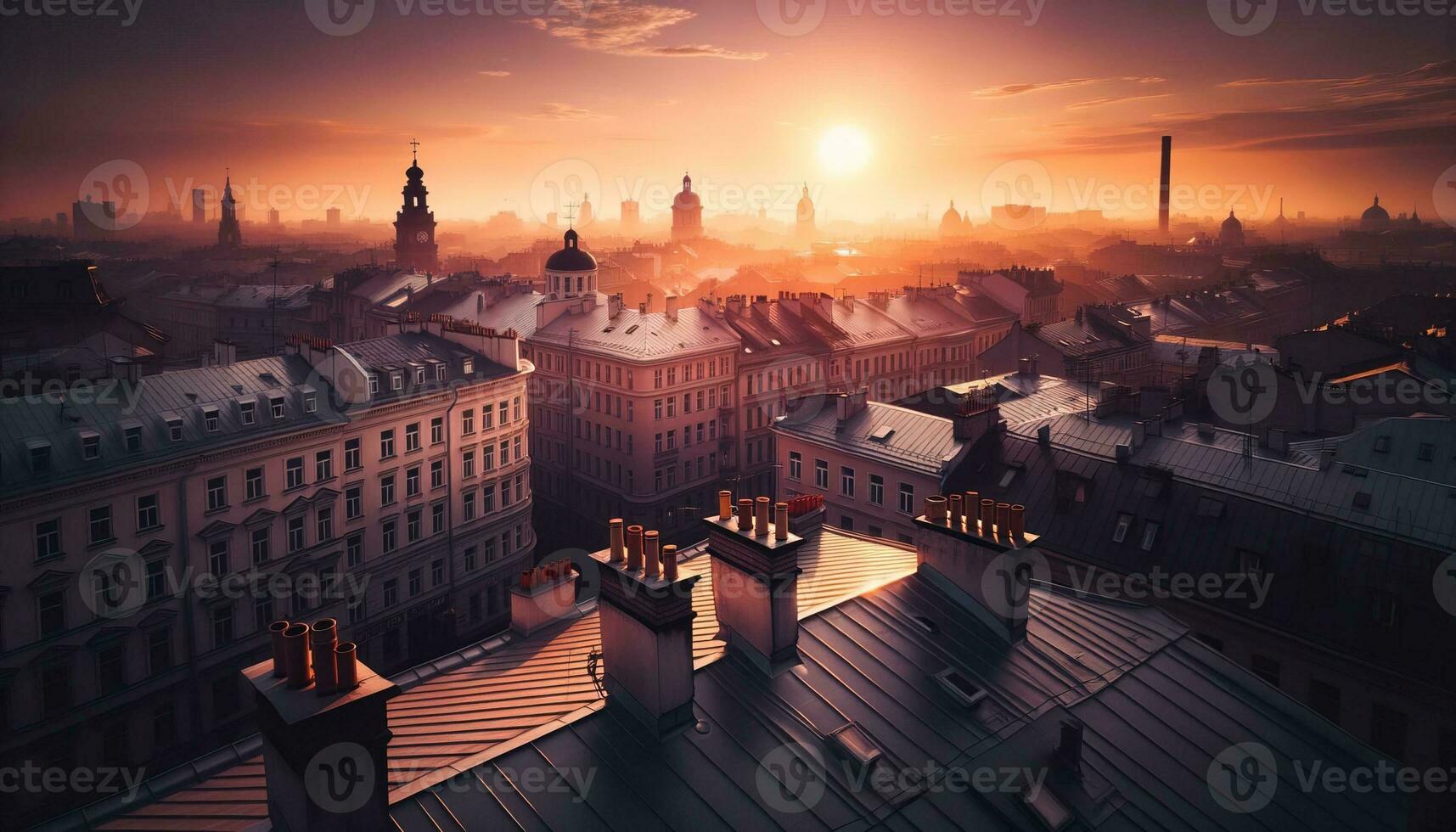 AI generated Silhouettes of roofs, chimneys and antennas of a European city at sunset against a golden sky. Generative AI photo