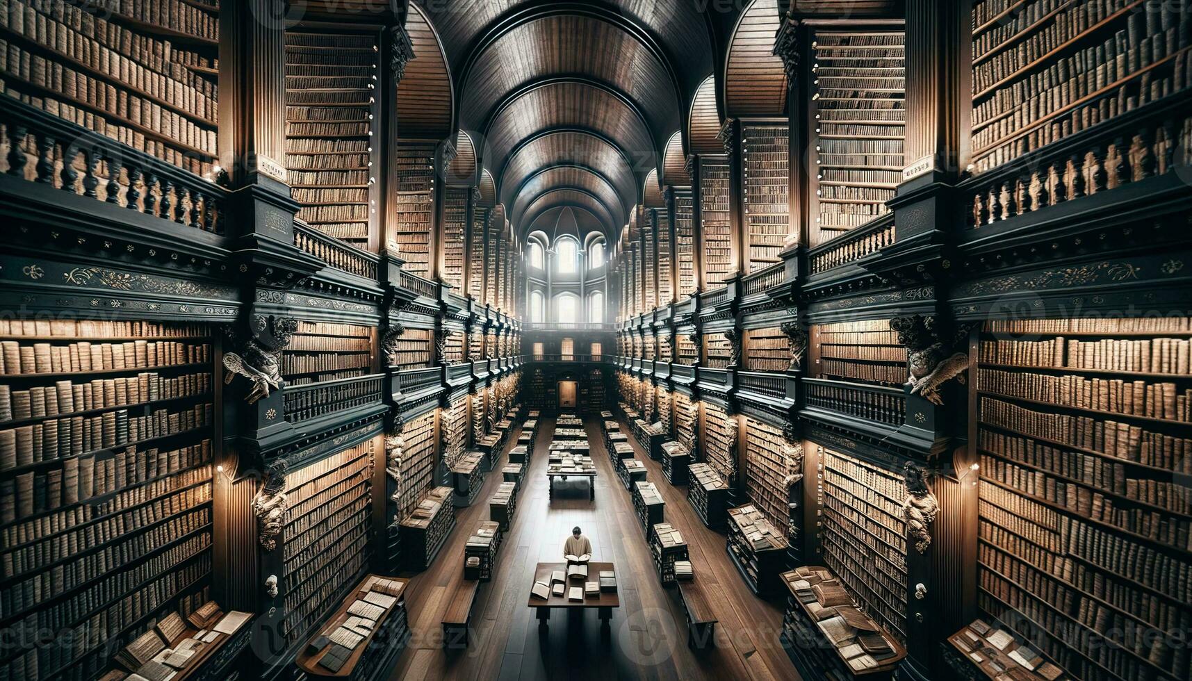 AI generated A lonely reader in the middle of a large collection, each floor filled with old volumes, manuscripts and parchments. Generative AI photo