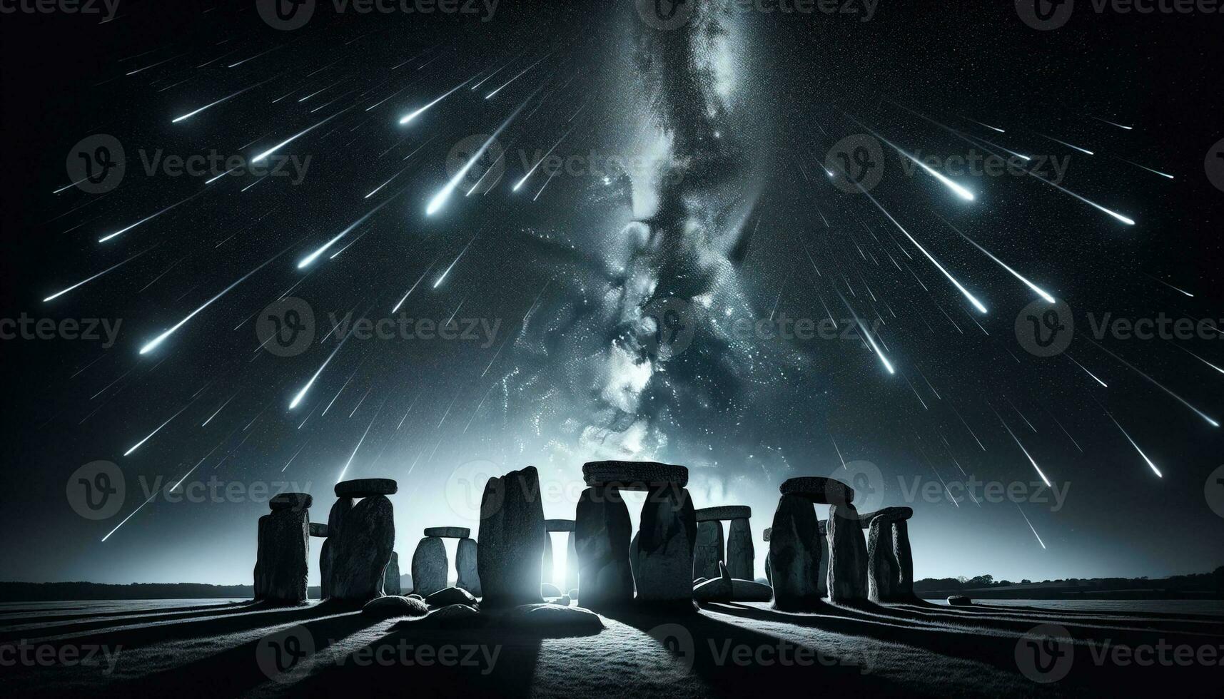 AI generated Silhouette of ancient buildings on the background of meteor shower. Generative AI photo