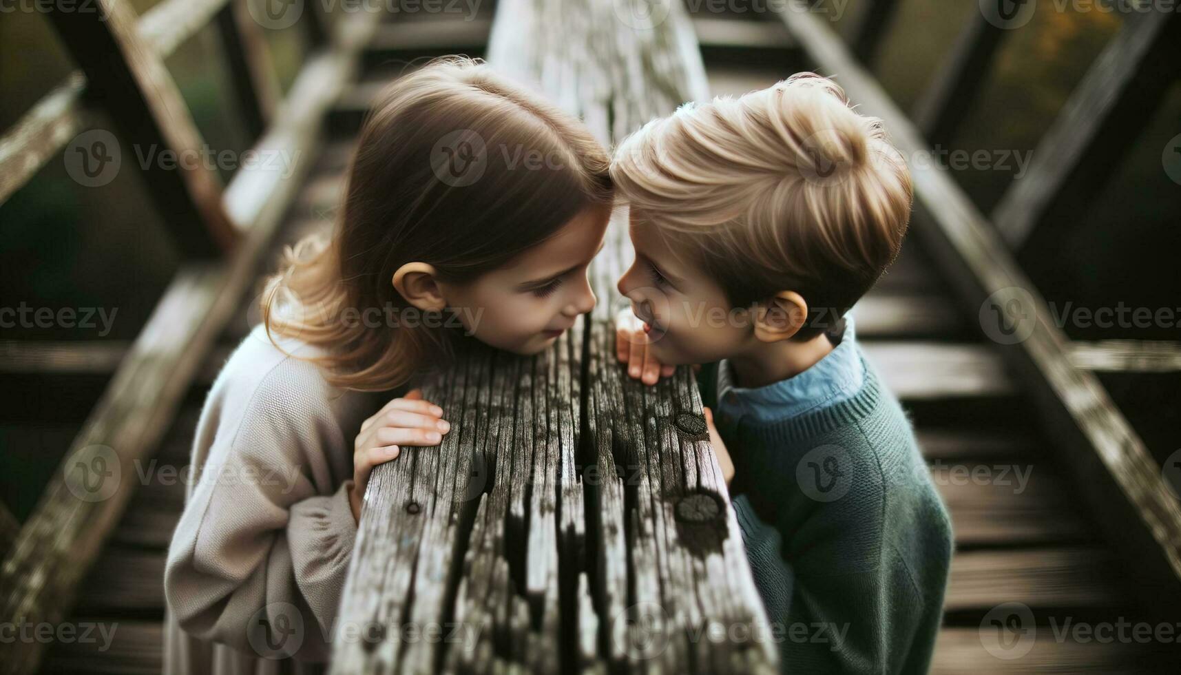 AI generated Two children spend time happily on an old wooden bridge. Generative AI photo