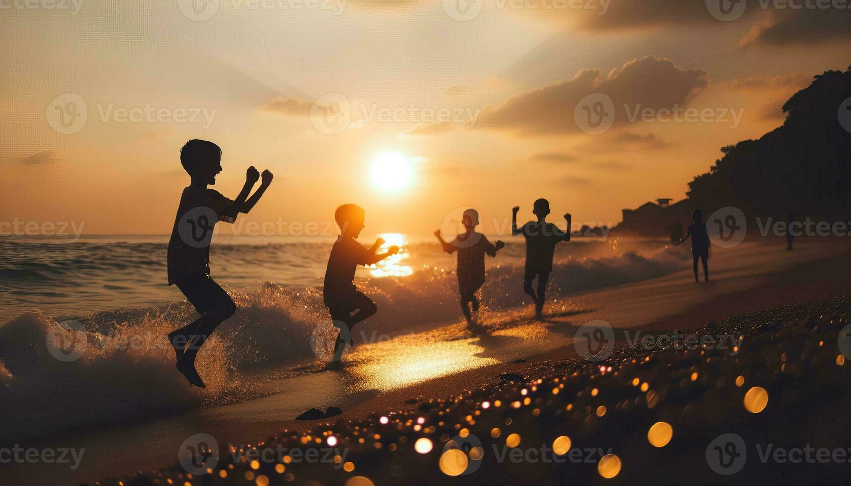 AI generated Children playing joyfully on the beach at sunset. Generative AI photo