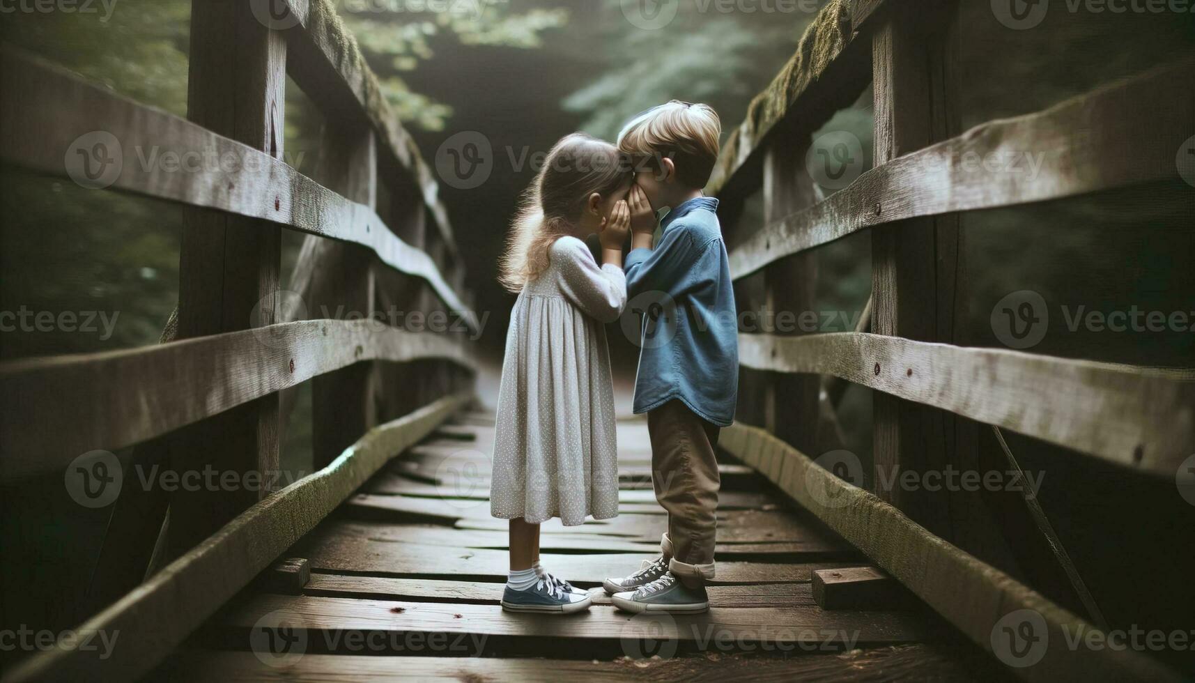 AI generated Two children spend time happily on an old wooden bridge. Generative AI photo