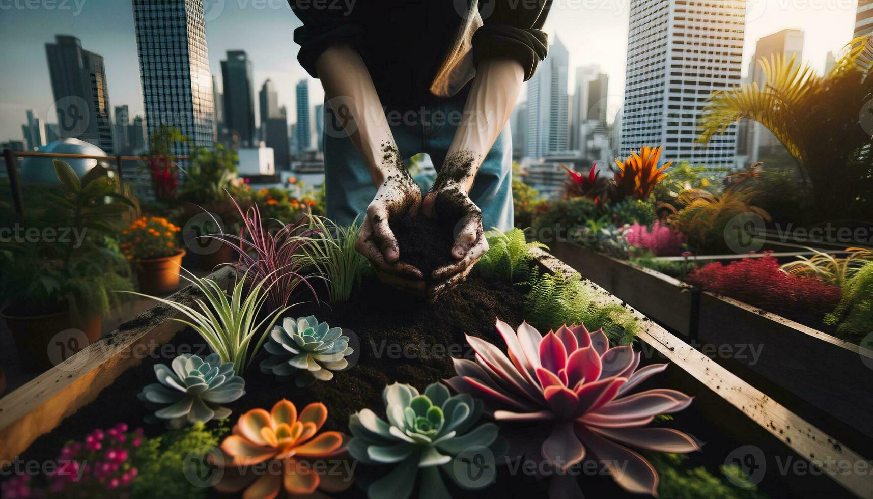 AI generated A gardener meticulously tends to the living botanical wonders in the rooftop garden. Generative AI photo