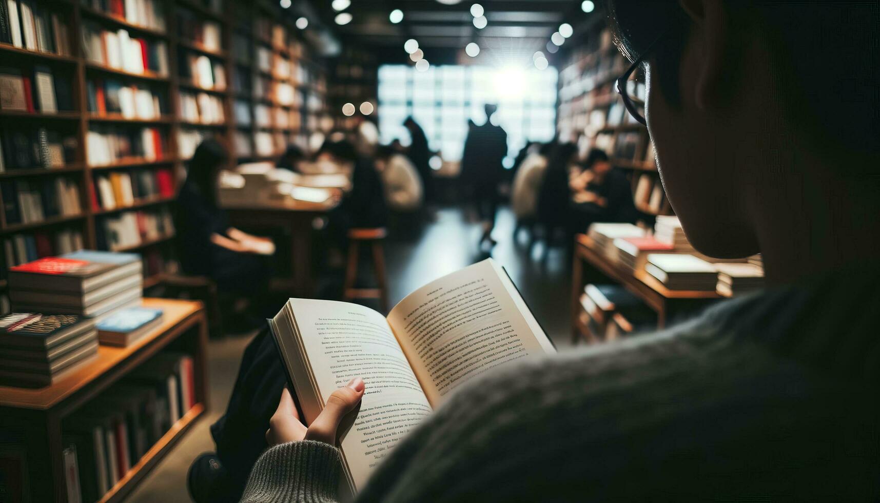 AI generated Someone who is lost in the book in the lively environment of a bookstore. Generative AI photo